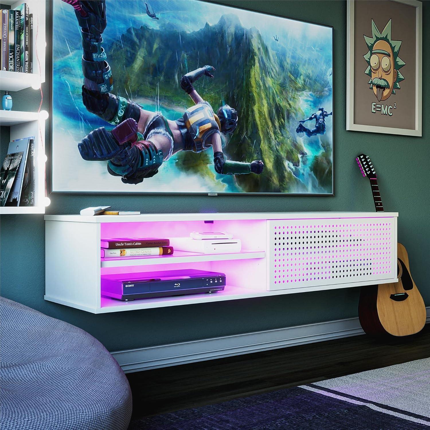 Glitch Floating TV Stand for TVs up to 60" White - NTENSE: Modern Media Console, MDF, 95 lbs Capacity