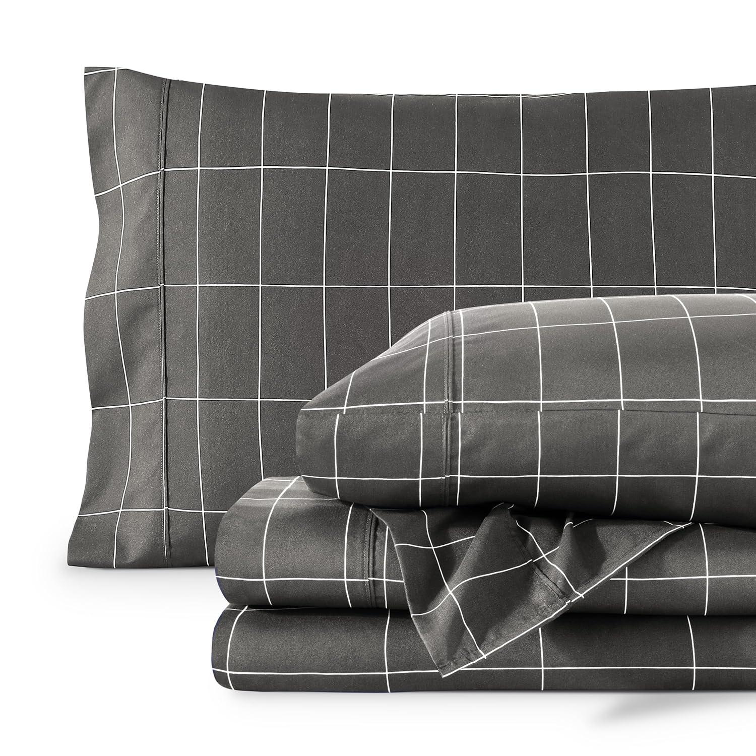 Twin Grid - Grey/White 3 Piece Printed Pattern Microfiber Sheet Set by Bare Home