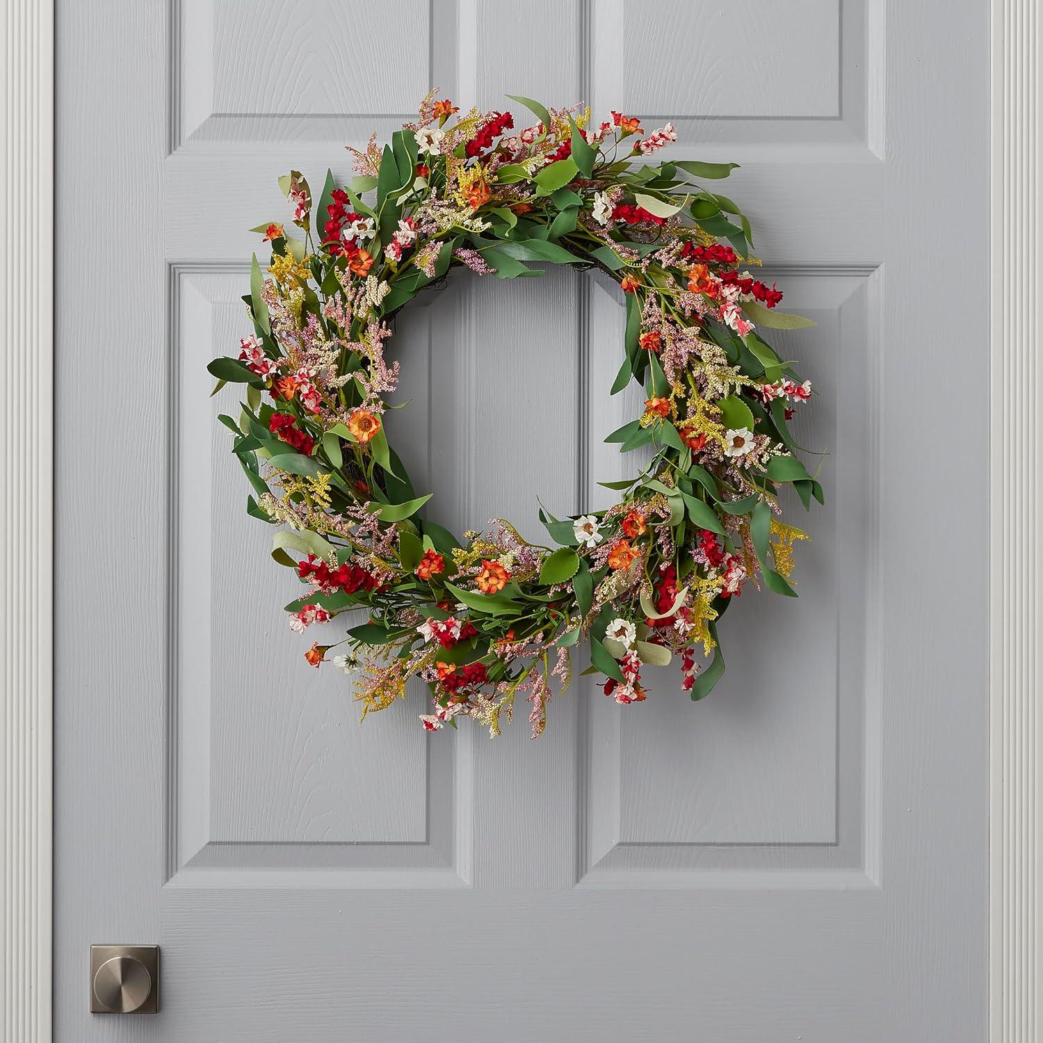 Christmas Raya 26in Wreath, w/ Artificial Narrow Leaf Eucalyptus, Wild Daisy, Larkspur, & Limonium