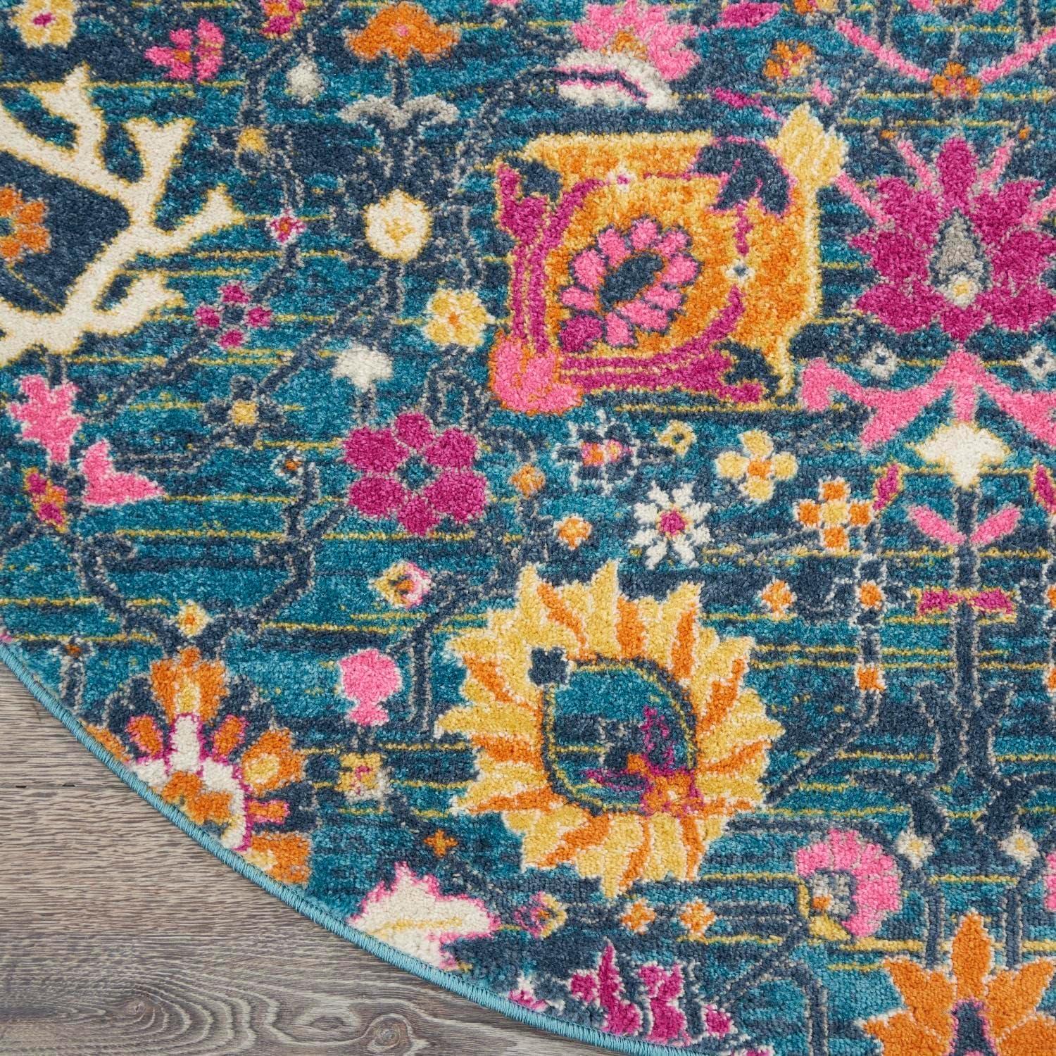 Denim Blue Floral Round Synthetic Area Rug 5'3"