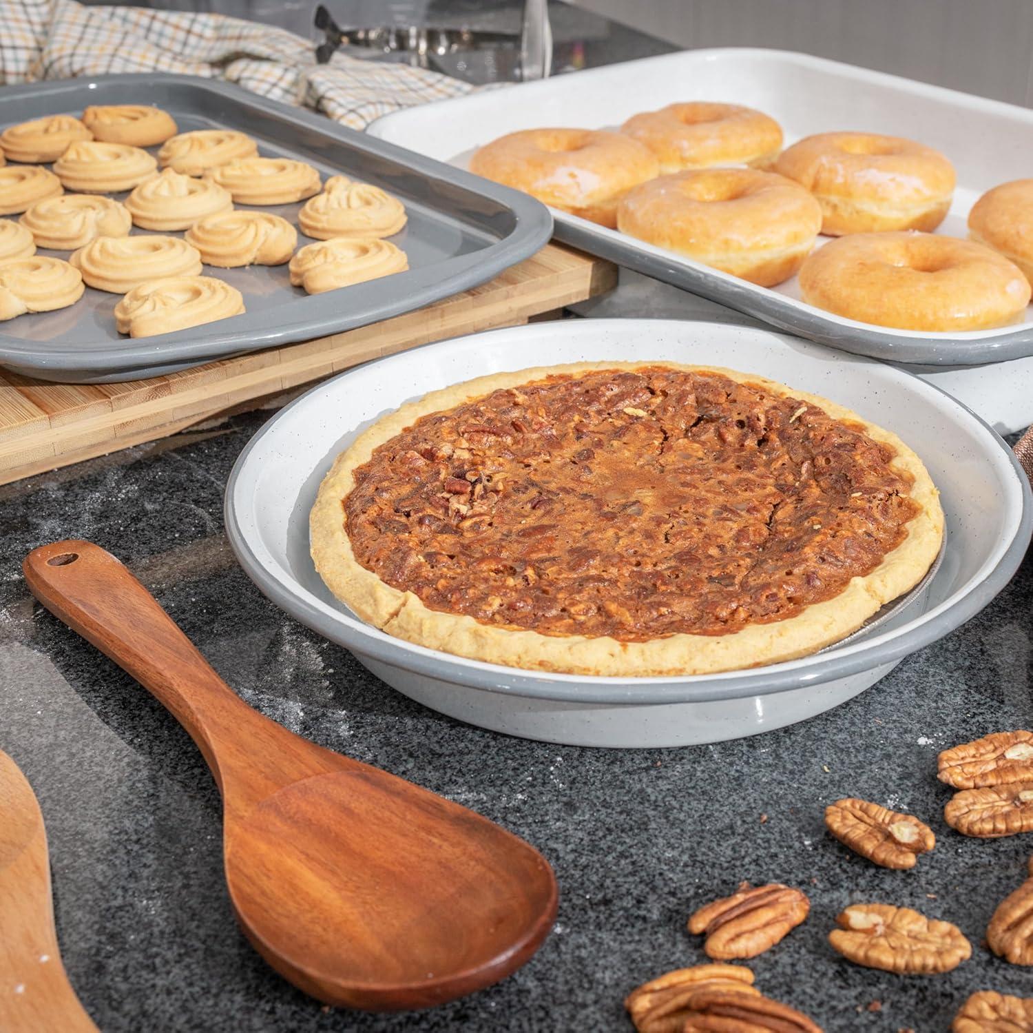 Granite Ware 8 piece Healthy Bakeware Set. Unique colors! Enameled steel baking sheets and pans. Oven and camping friendy. PTFE Free.