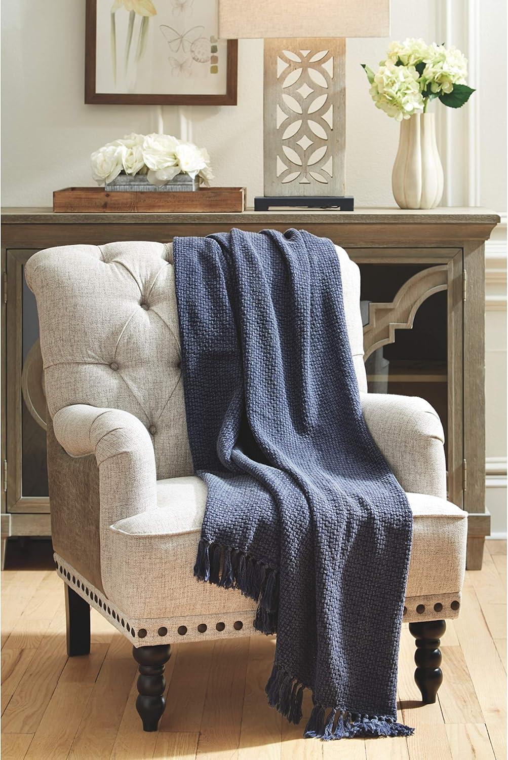 Navy Blue Cotton Fringe Throw Blanket, 50 x 60 Inches