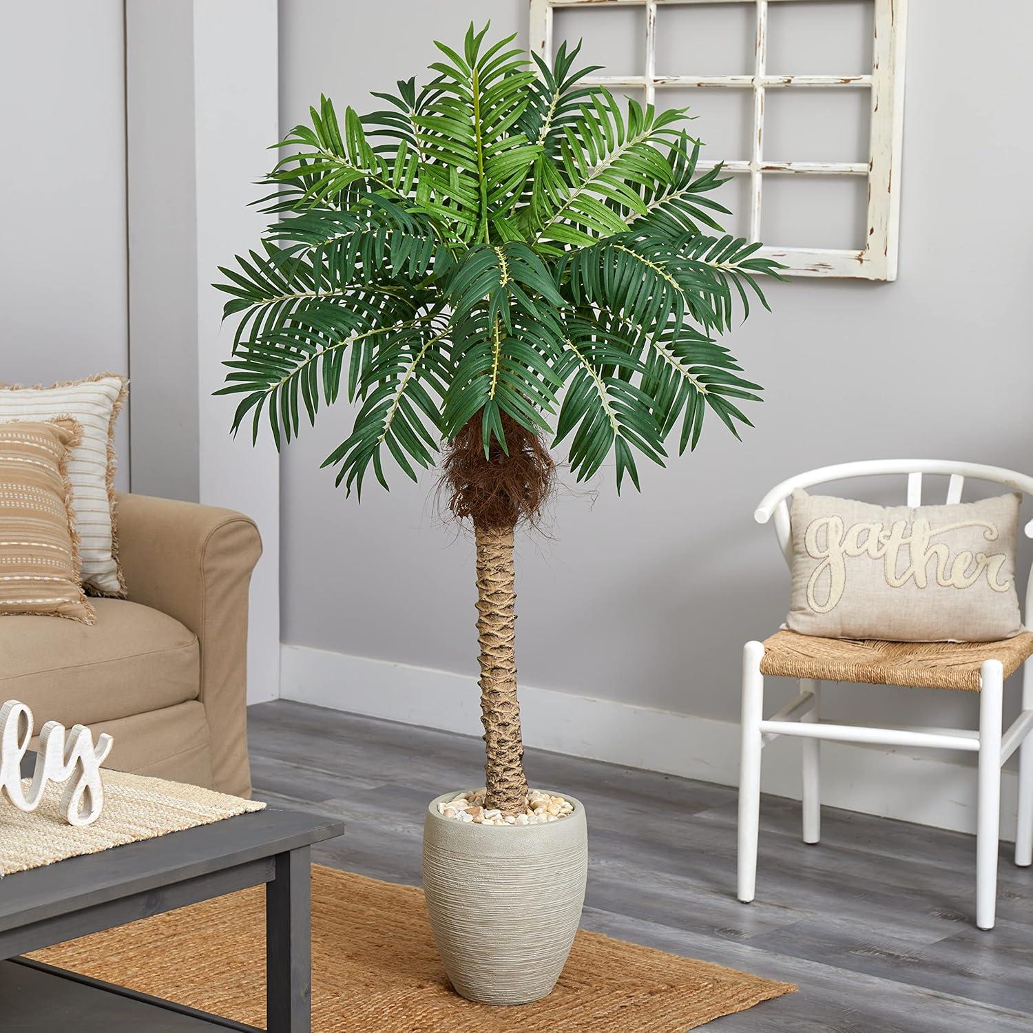 Nearly Natural 63-in Robellini Palm Artificial Tree in Sandstone Planter