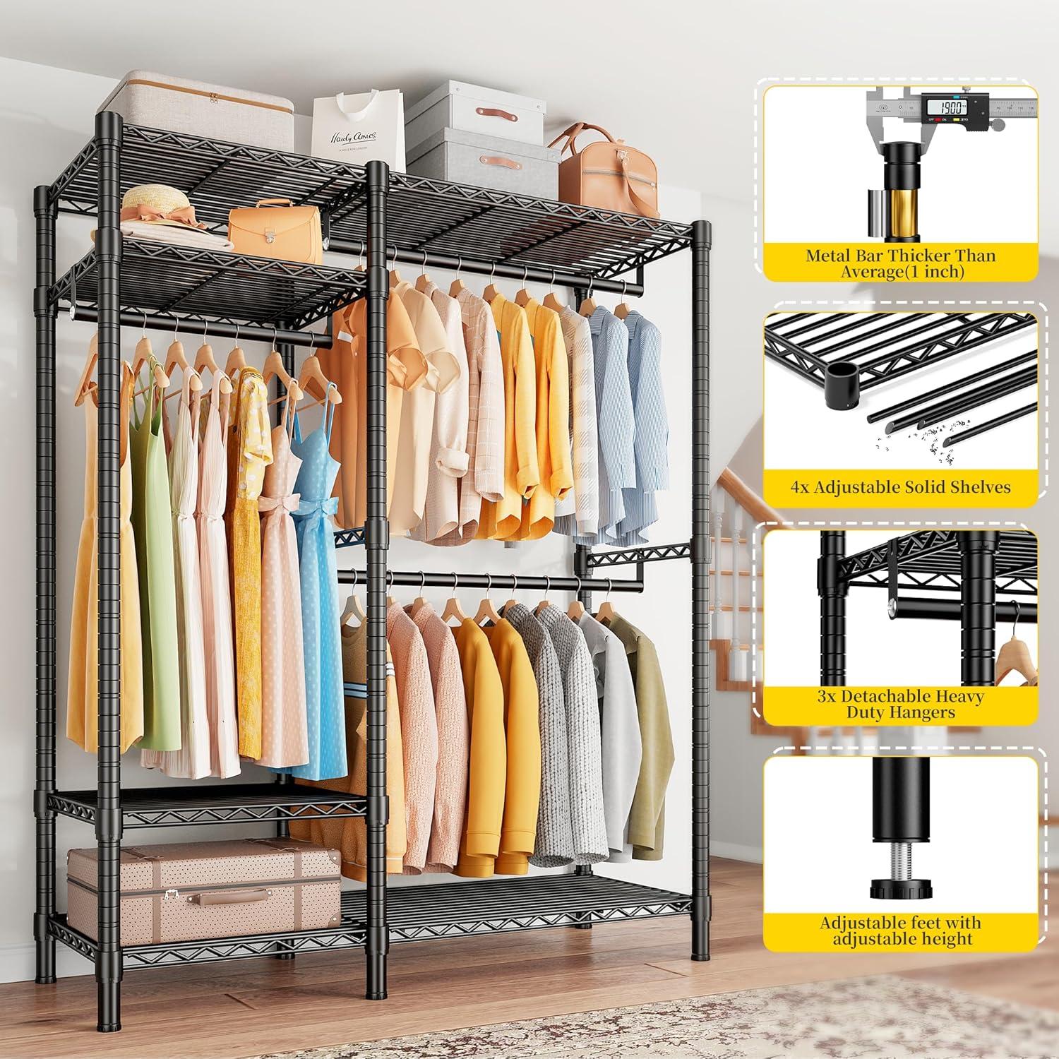 Clothes Rack Heavy Duty Clothing Rack Load 775LBS Clothing Racks for Hanging Clothes Adjustable Closet Rack Metal Wadrobe Closet Wire Garment Rack Clothes Rack 45.5" W x 77" H x 16.5" D Black