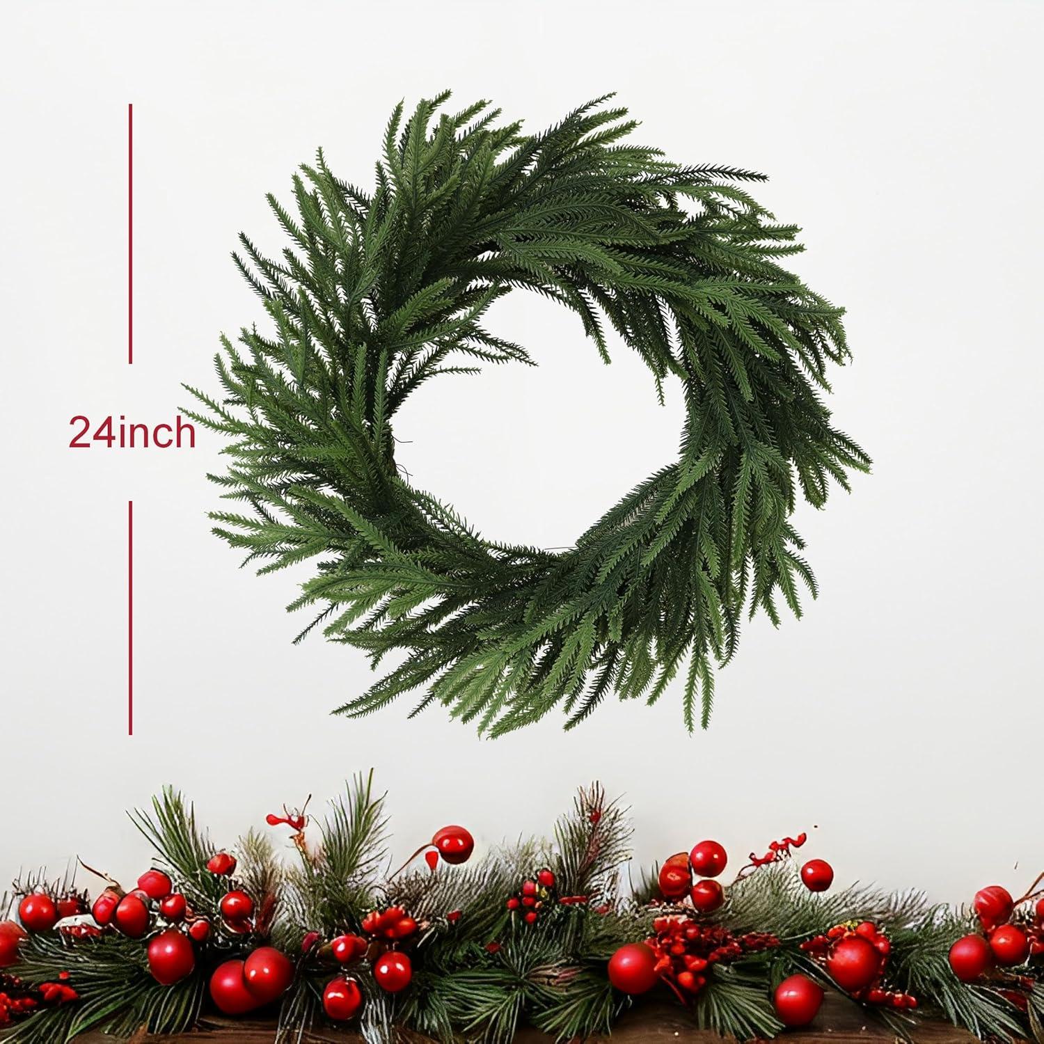 MUYIER 24" Real Touch Norfolk Pine Wreath for Front Door Artificial Christmas Wreath Green Faux Pine Wreath