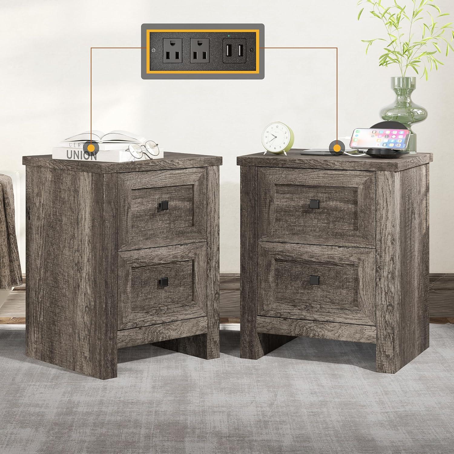 Merluxy Nightstand Set of 2 with Charging Station, Wood End Table with 2 Drawers Storage Cabinet Grey