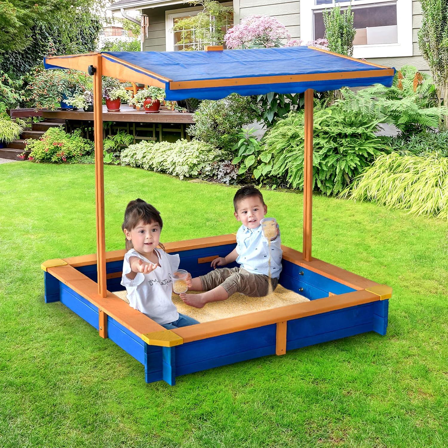 Teamson Kids Outdoor 46" x 46" Spruce Sand Box with Adjustable Canopy, Blue/Wood