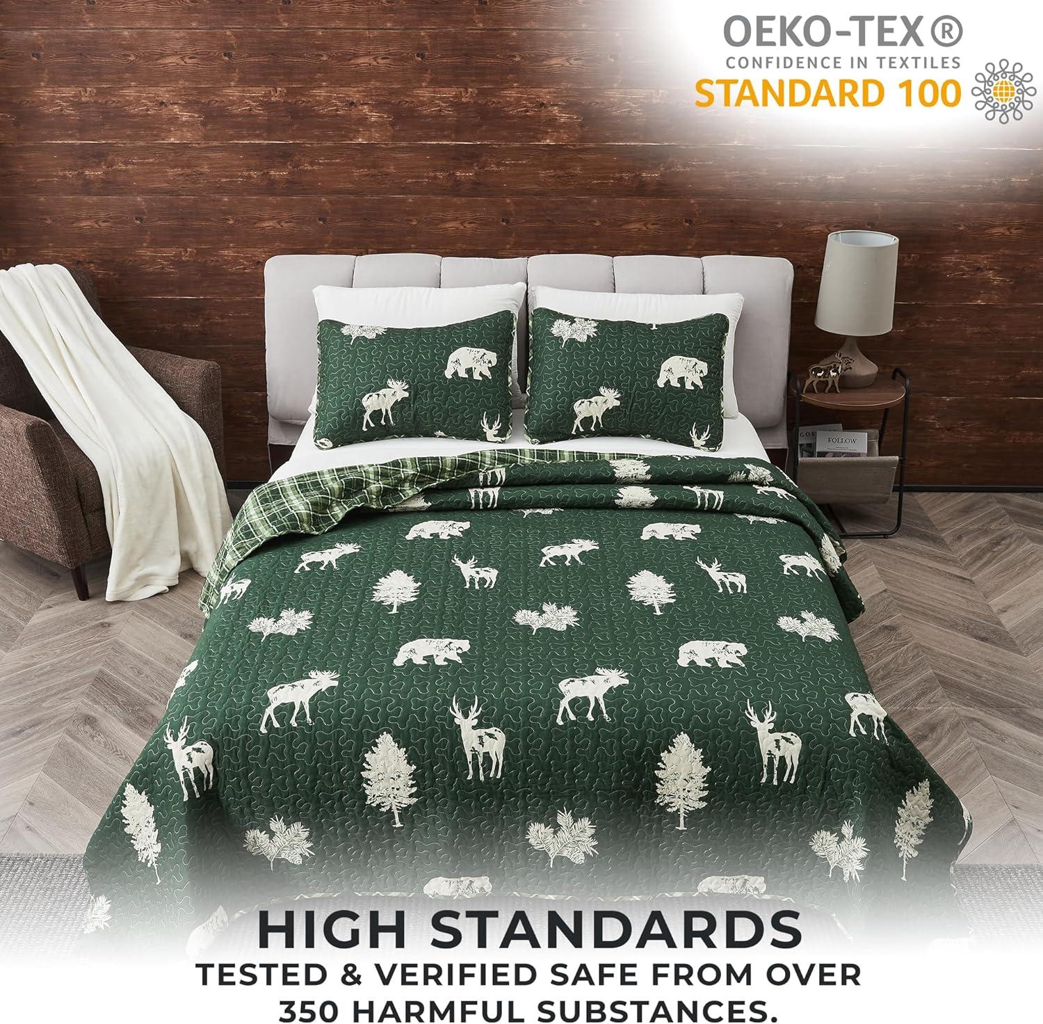 FreshFolds Forest Green Nature Quilt Set Reversible Plaid Quilt Set with Shams