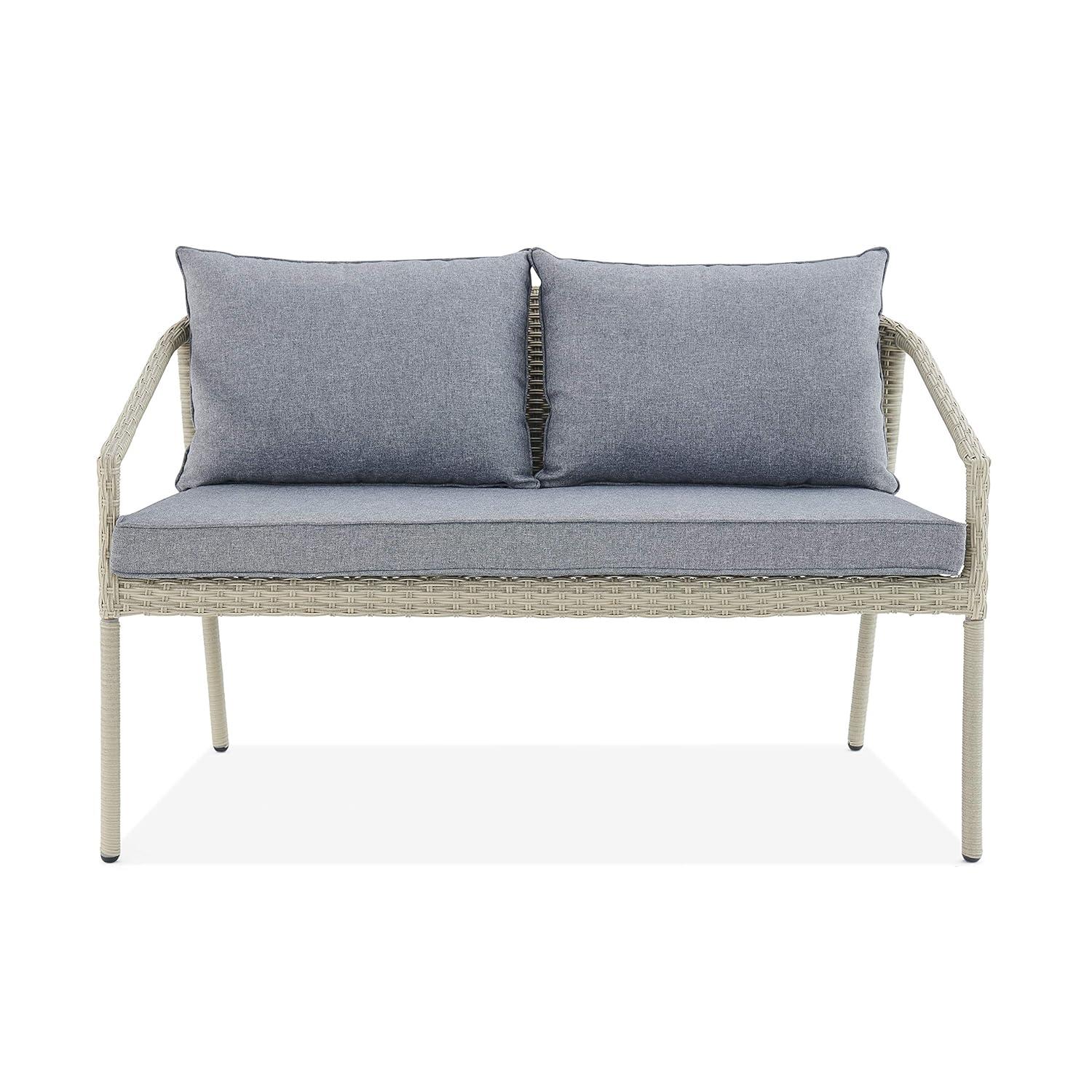 Windham All-Weather Wicker Two-Seat Outdoor Light Gray Bench with Dark Gray Cushions