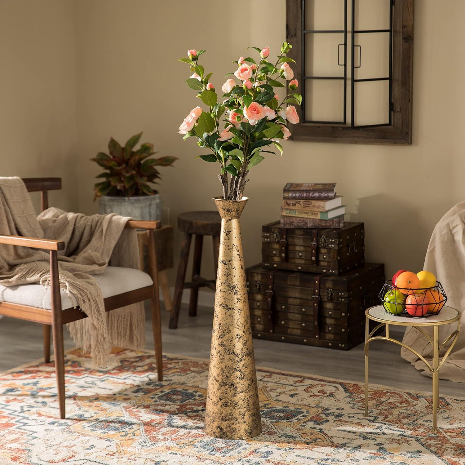 Brushed Paint Unique Straight Design Metal Decorative Floor Vase Flower Holder for Entryway, Living Room, or Dining