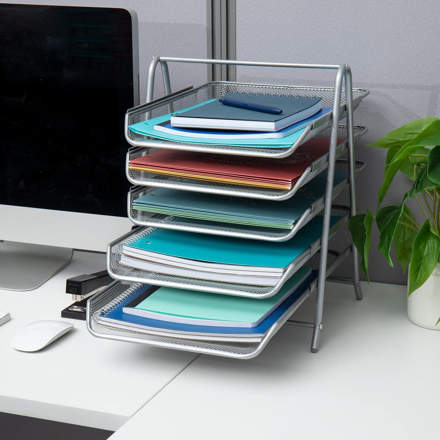 Silver 5-Tier Steel Mesh Letter Tray Organizer