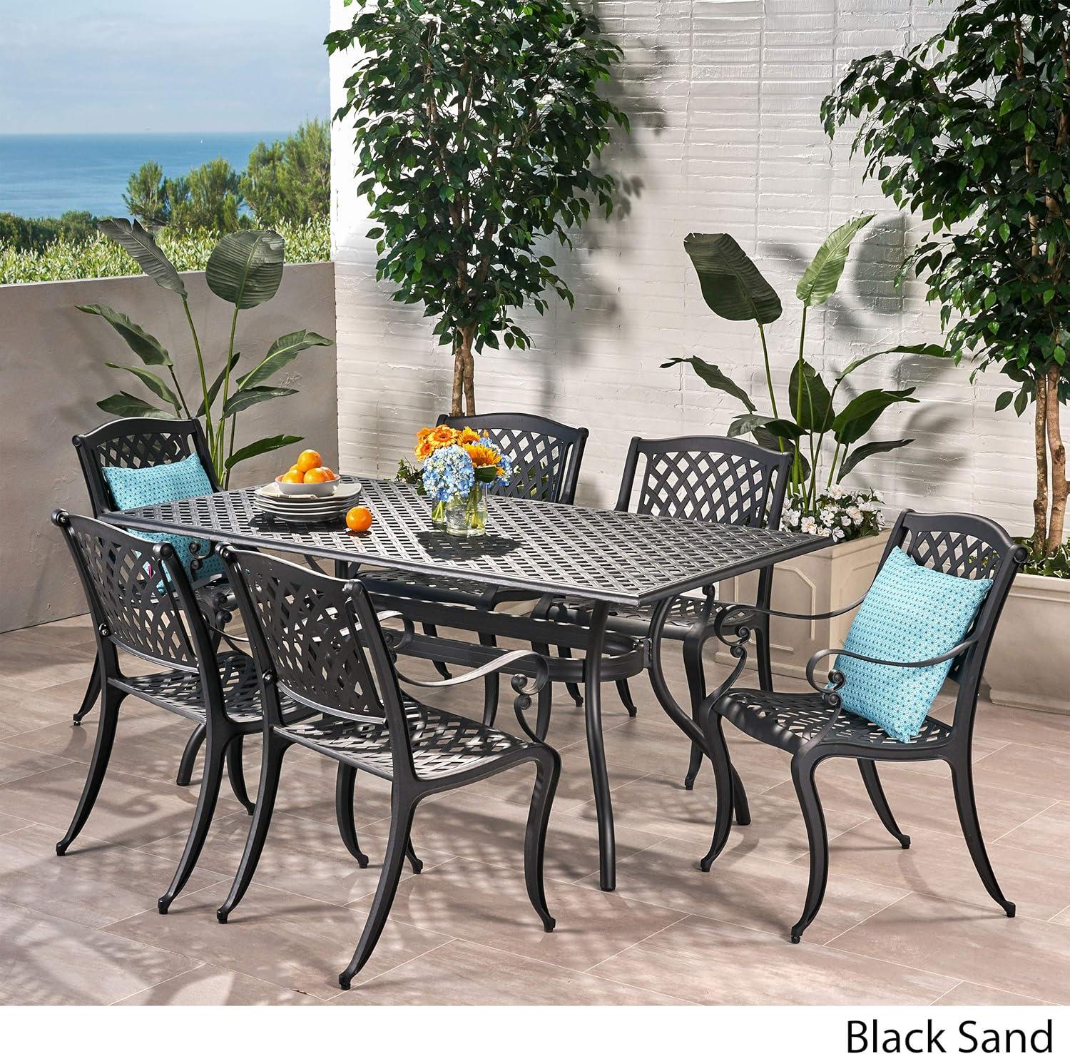 Noble House Cayman 7 Piece Aluminum Patio Dining Set in Black Sand