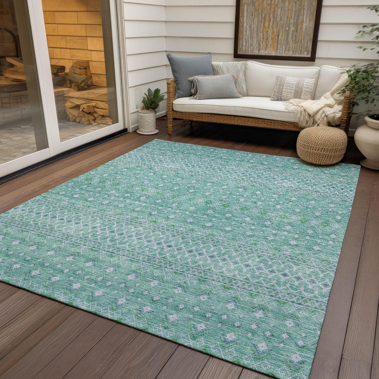 Aqua Bohemian Diamond Pattern Indoor Outdoor Area Rug