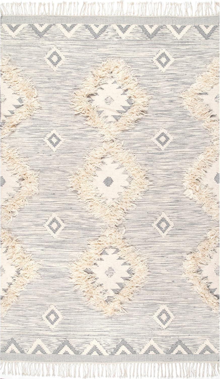 Nuloom Savannah Geometric 5x8 Wool Indoor Area Rug for Living Room Bedroom Dining Room Kitchen, Light Grey/Ivory