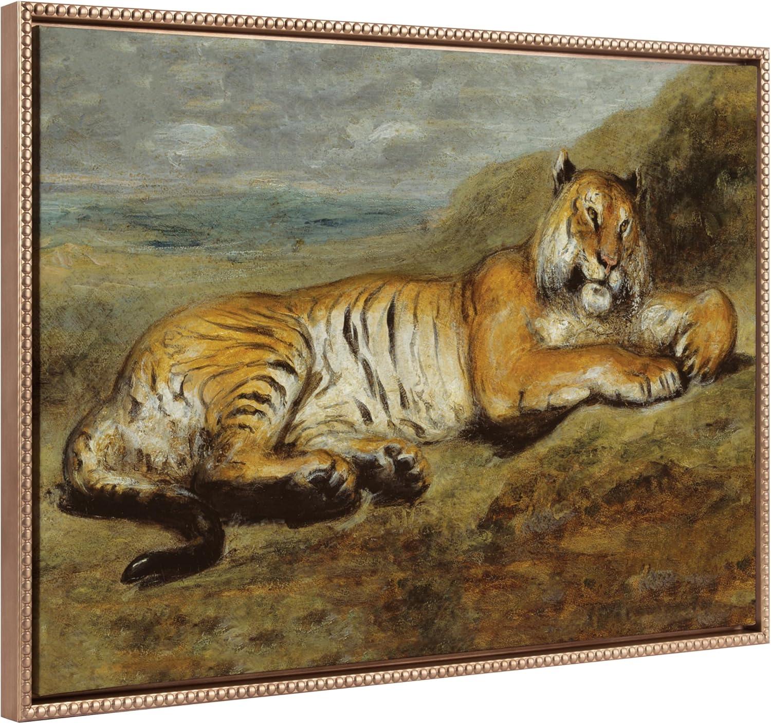 23"x33" Sylvie Beaded Tiger Resting Framed Canvas by The Art Institute of Chicago Gold - Kate & Laurel All Things Decor: Modern Style