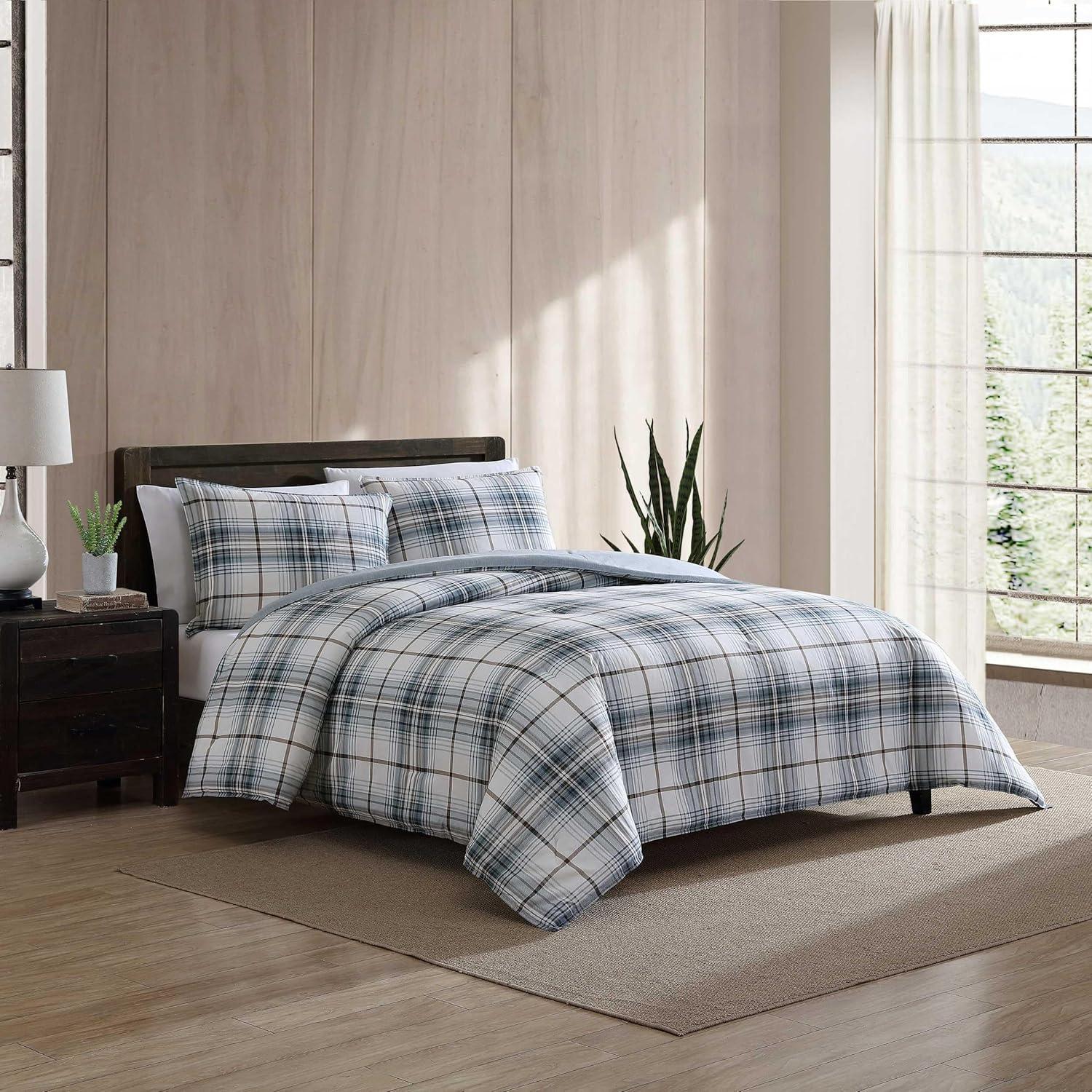 Alder Blue and Grey Plaid Cotton Twin Comforter Set