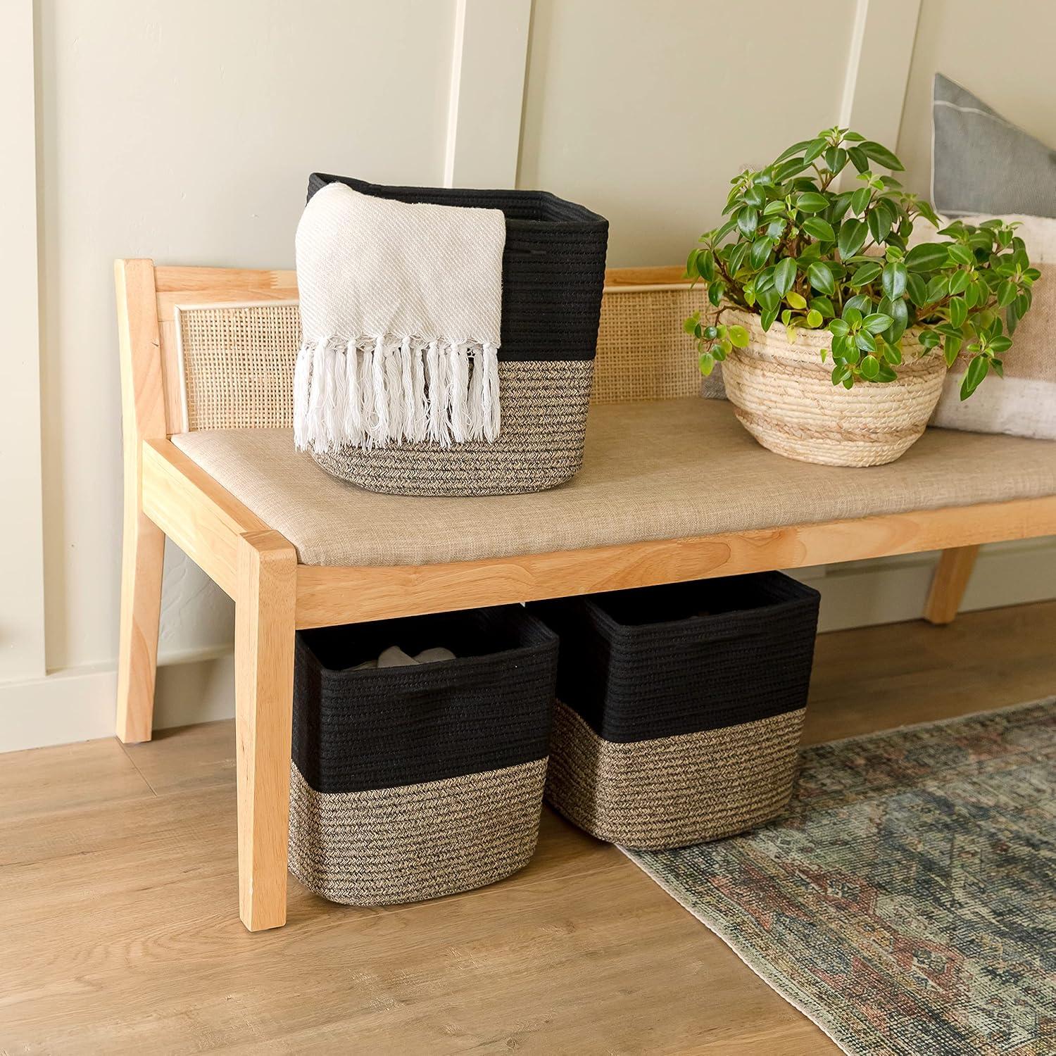 Storage Cube Baskets for Organizing-3 Pack - 11 inch Square Baskets for Cube Storage Closet Storage Bins- Woven Cube Storage Bins for Shelves- Cube Drawer-Toy Storage |White & Black