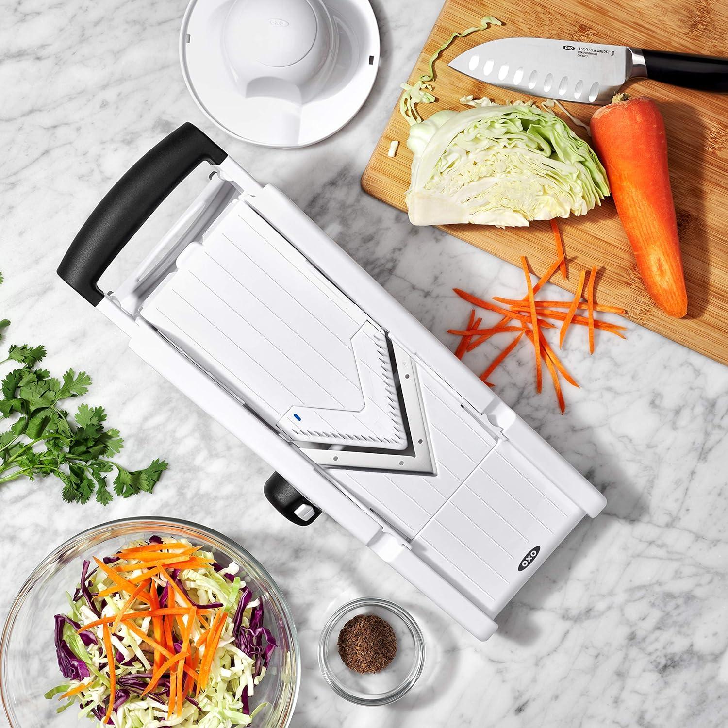 White Adjustable V-Blade Mandoline Slicer with Safety Holder