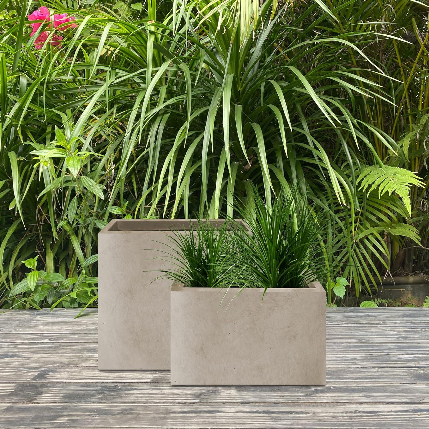 Weathered Concrete Rectangular Planters Set with Drainage Holes