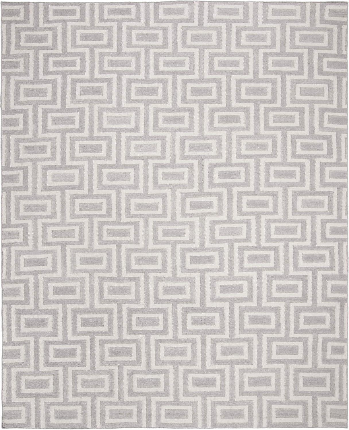 Grey and Ivory Geometric Wool Flatweave Area Rug, 8' x 10'