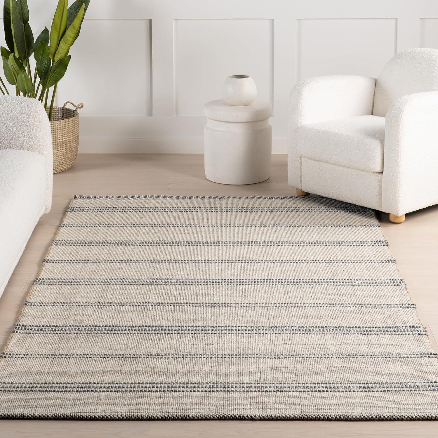 Ivory and Blue Striped Wool Cotton 5x8 Area Rug