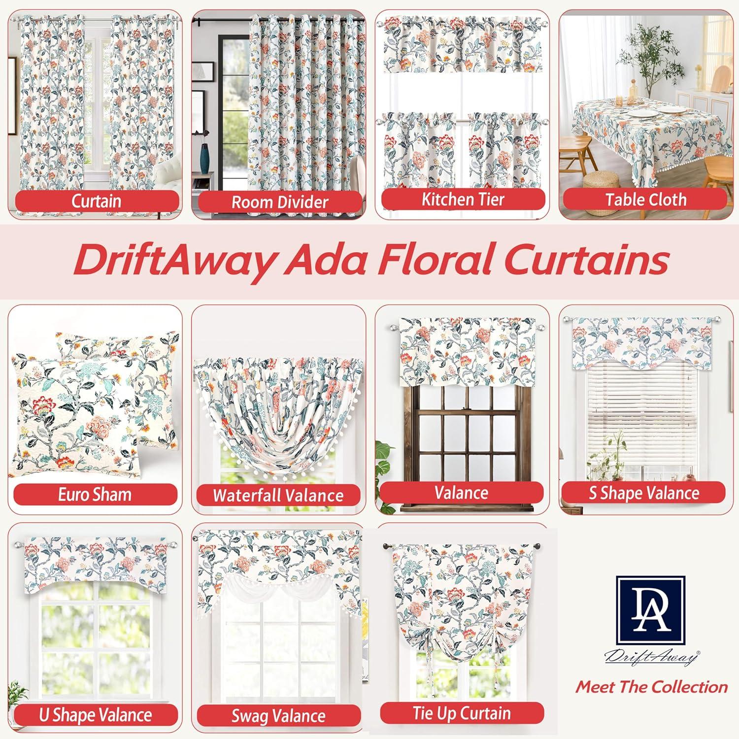 DriftAway Ada Floral Lined Thermal Insulated Room Darkening Blackout Grommet Window Curtains, 2 Panels, 52" x 36", Ivory Orange Teal