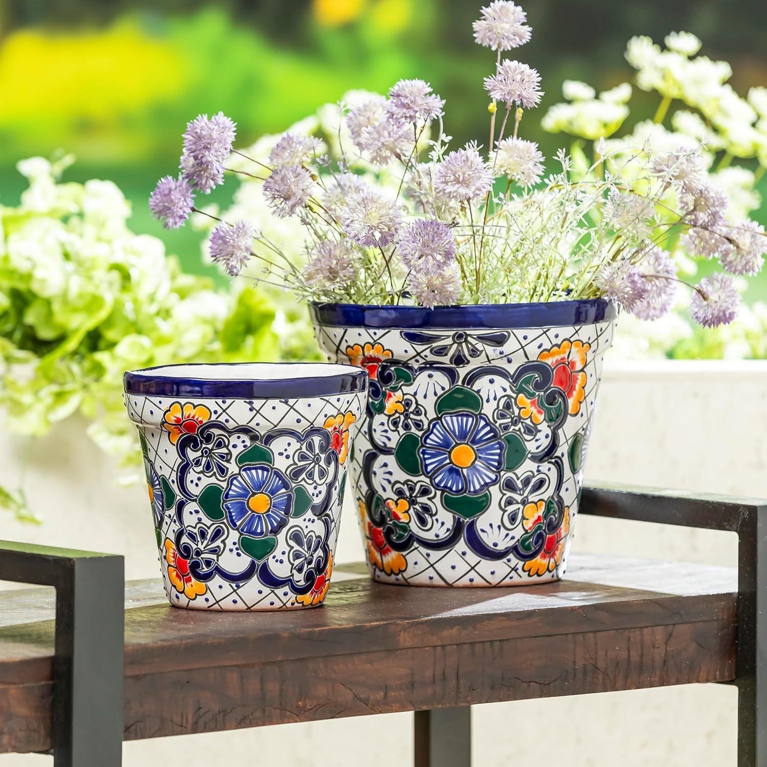 Evergreen Garden Talavera Mexican Pottery Ceramic Floral Classic Top Pot Planter | Flower Pot Plant Succulent | Indoor Outdoor (10 inch)