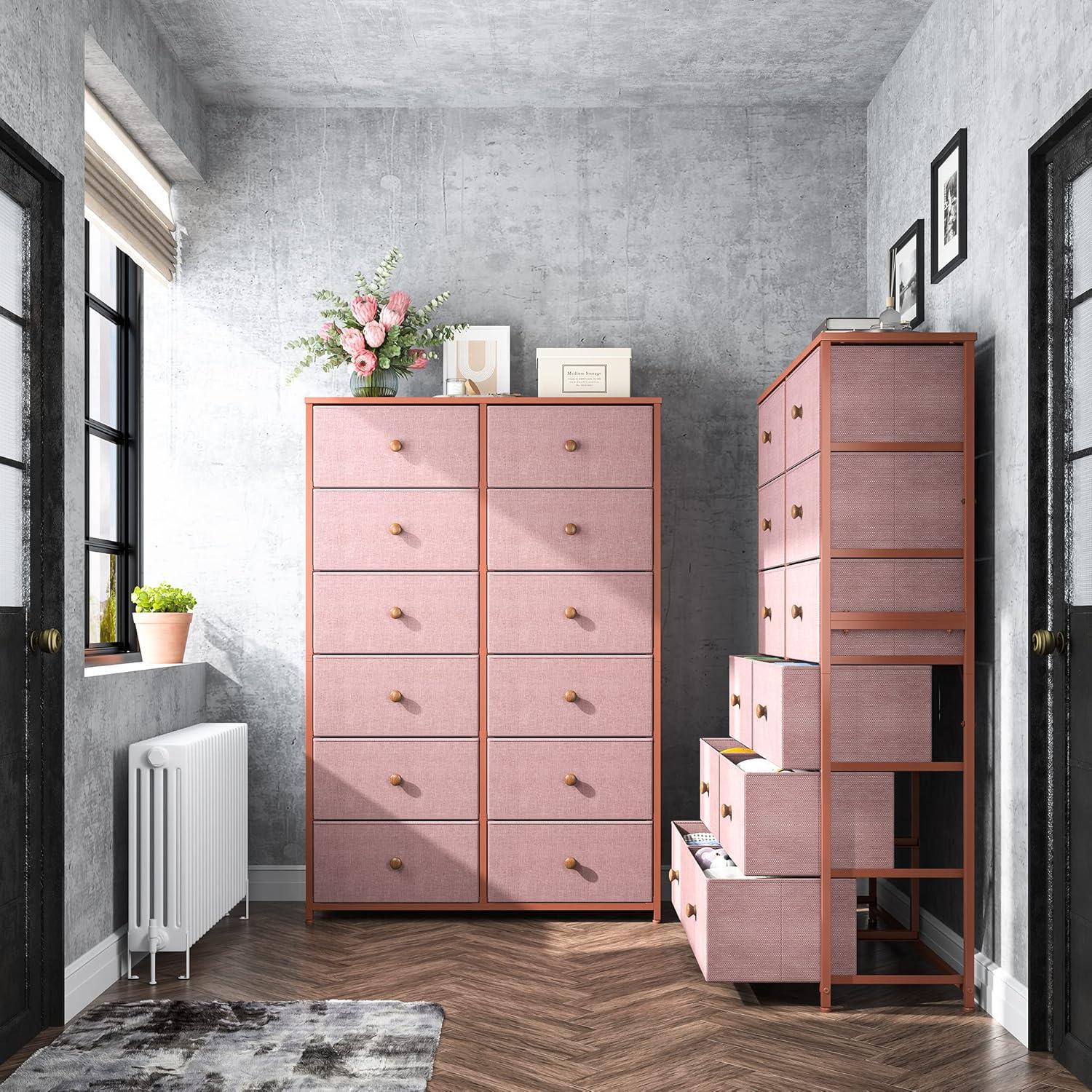 Pink Tall Nursery Dresser with 12 Fabric Drawers and Metal Frame