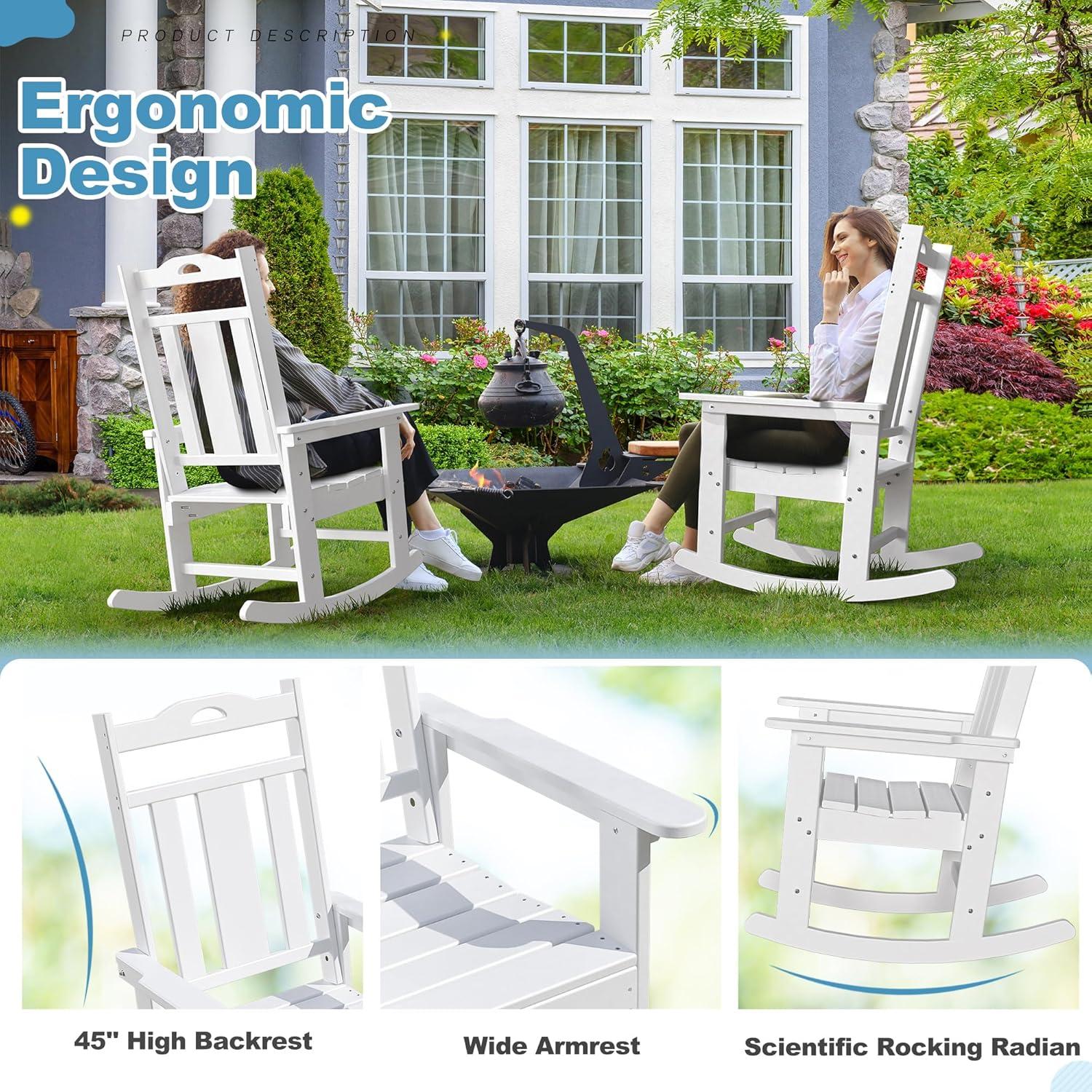 nalone Outdoor Rocking Chairs Set of 2, Oversized Porch Rocker Chair for Adult, All-Weather Resistant Patio Rocking Chair for Garden Lawn(White)