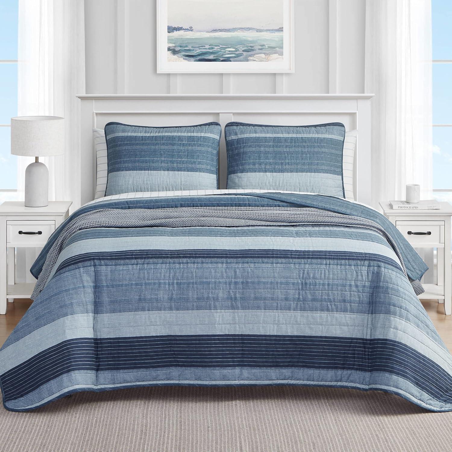 Classic Blue Cotton Reversible Full Quilt Set