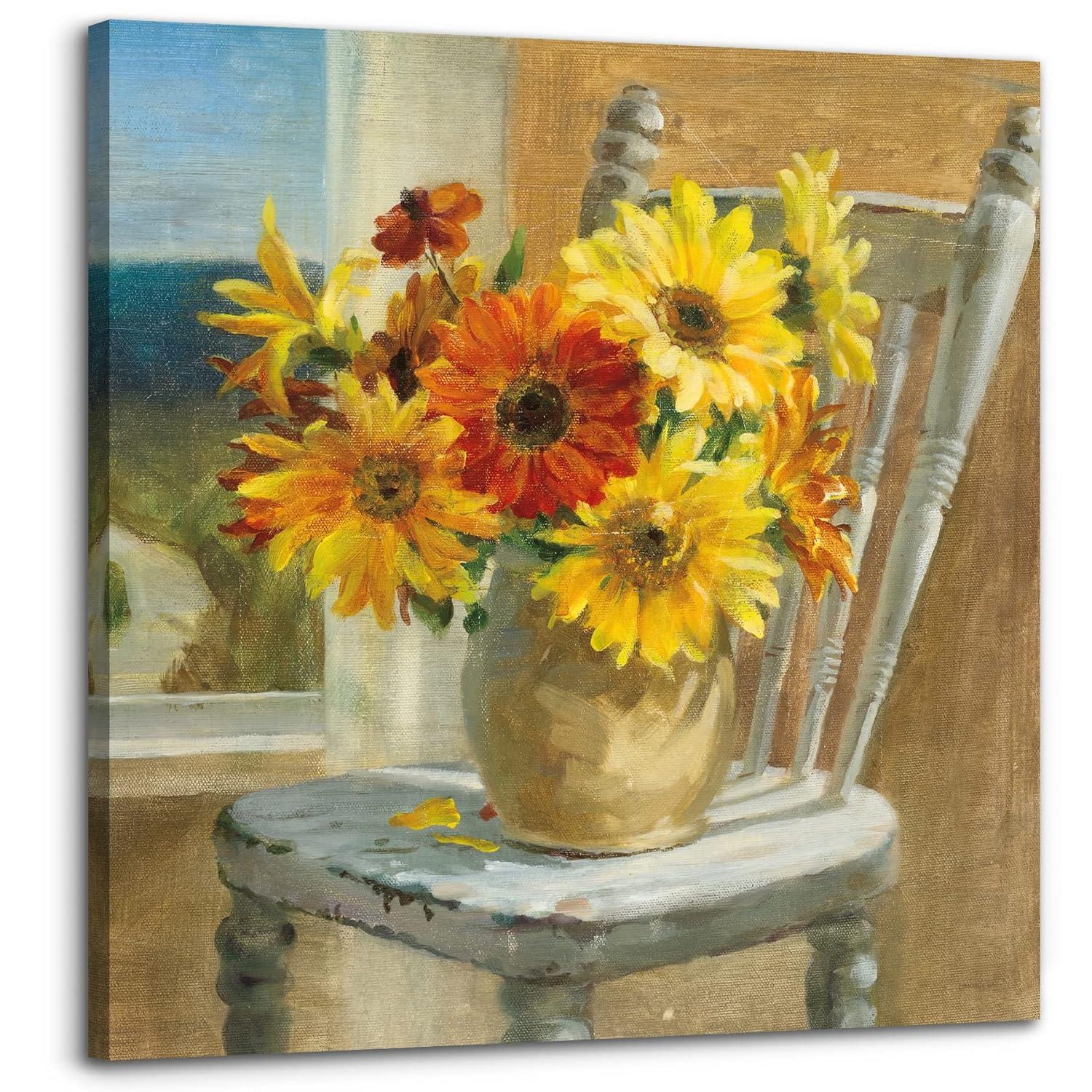 Bathroom Decor Canvas Country Farmhouse Wall Decor Sunflower Theme Painting Vintage Picture Artwork Wood Framed Wall Art Easy to Hang Size 14 x14 in