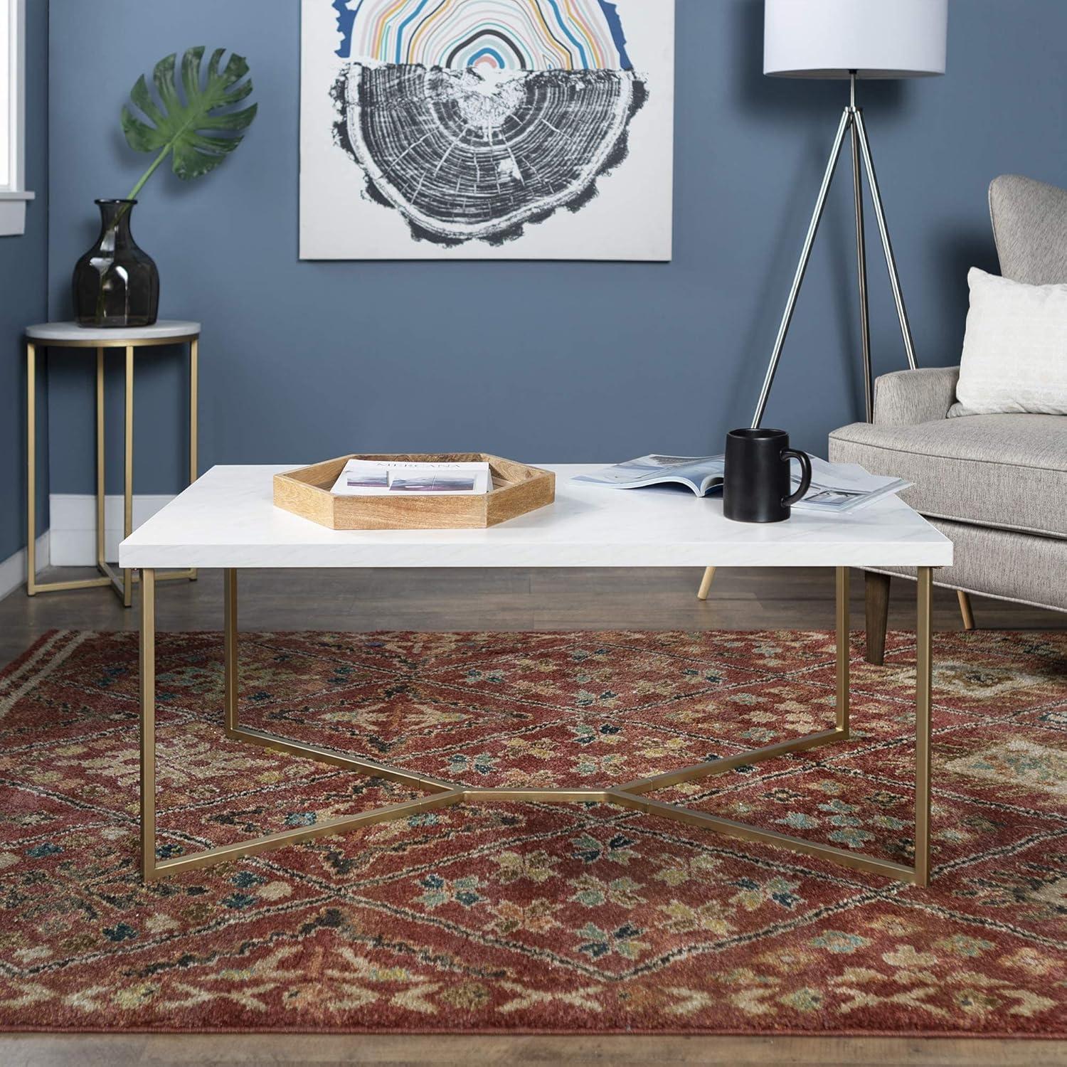 Walker Edison Rectangle Modern Faux Marble and Metal Coffee Table in White/Gold