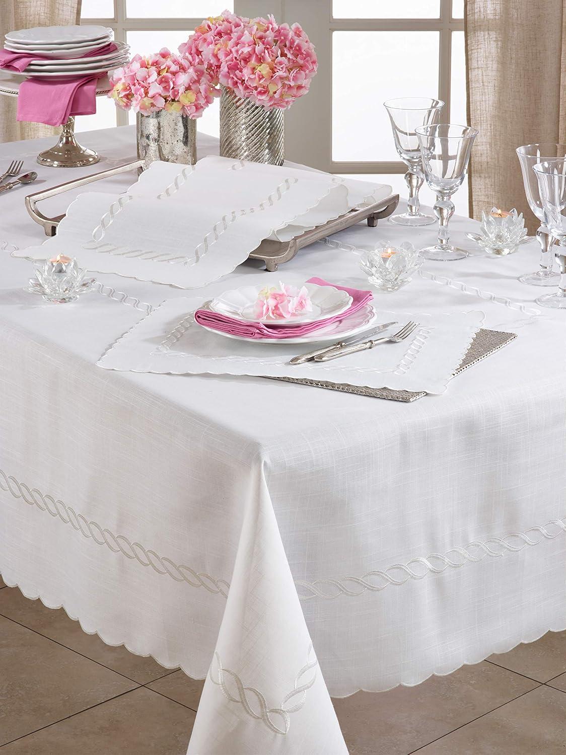 White Embroidered Braid Design Linen-Blend Tablecloth