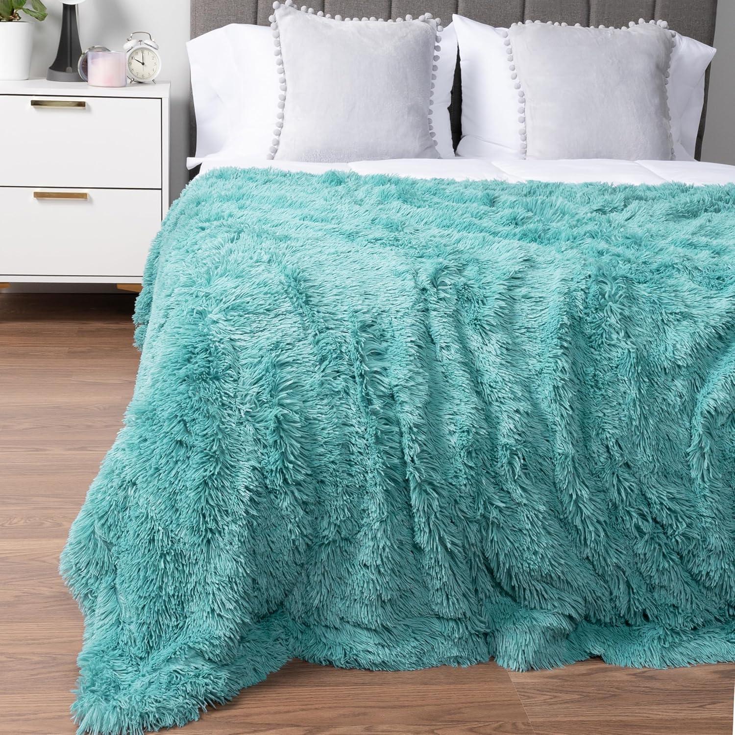 PAVILIA Fluffy Faux Fur Reversible Throw Blanket for Bed, Sofa, and Couch