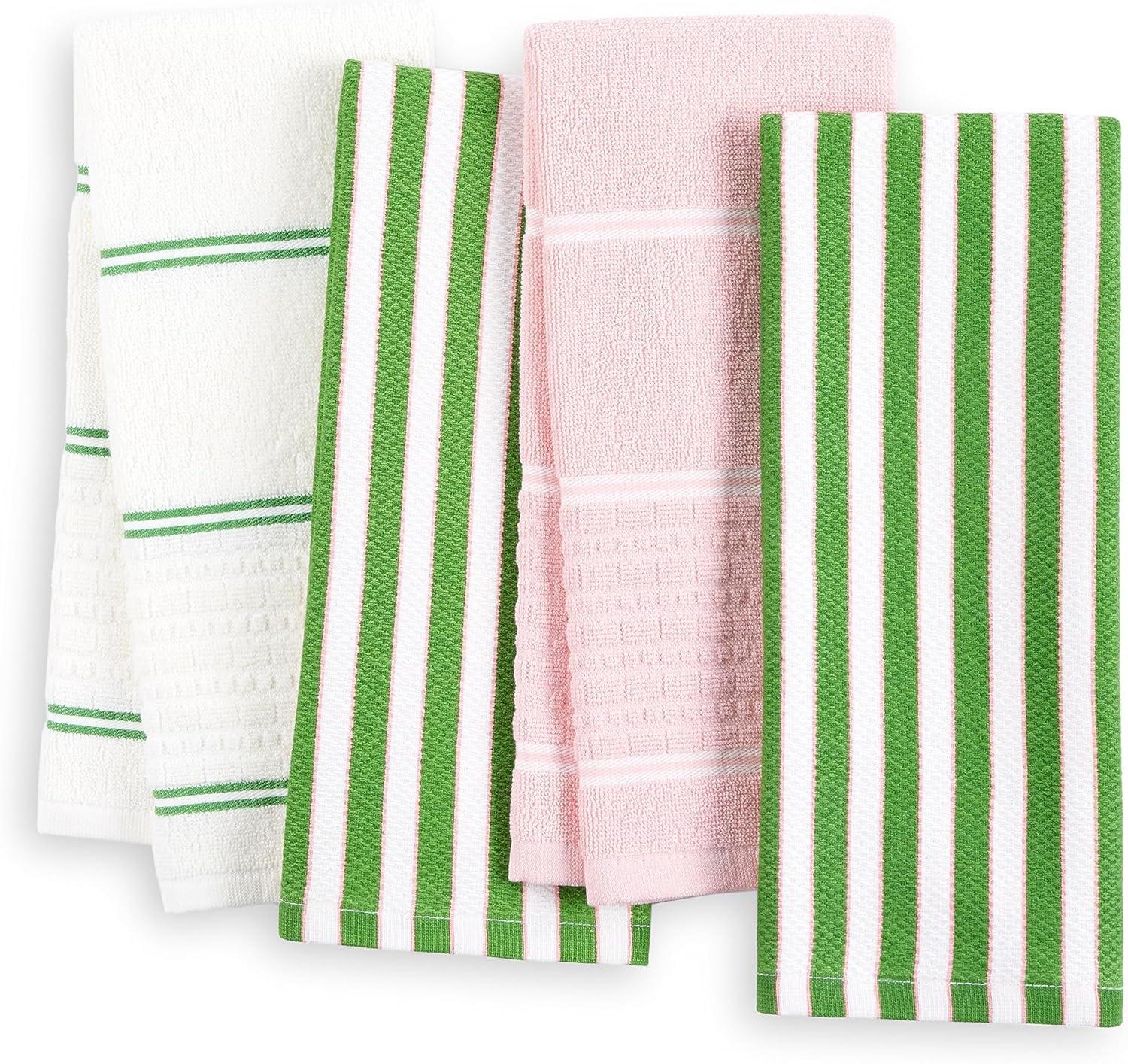 Green and Pink Striped Cotton Kitchen Towel Set of Four