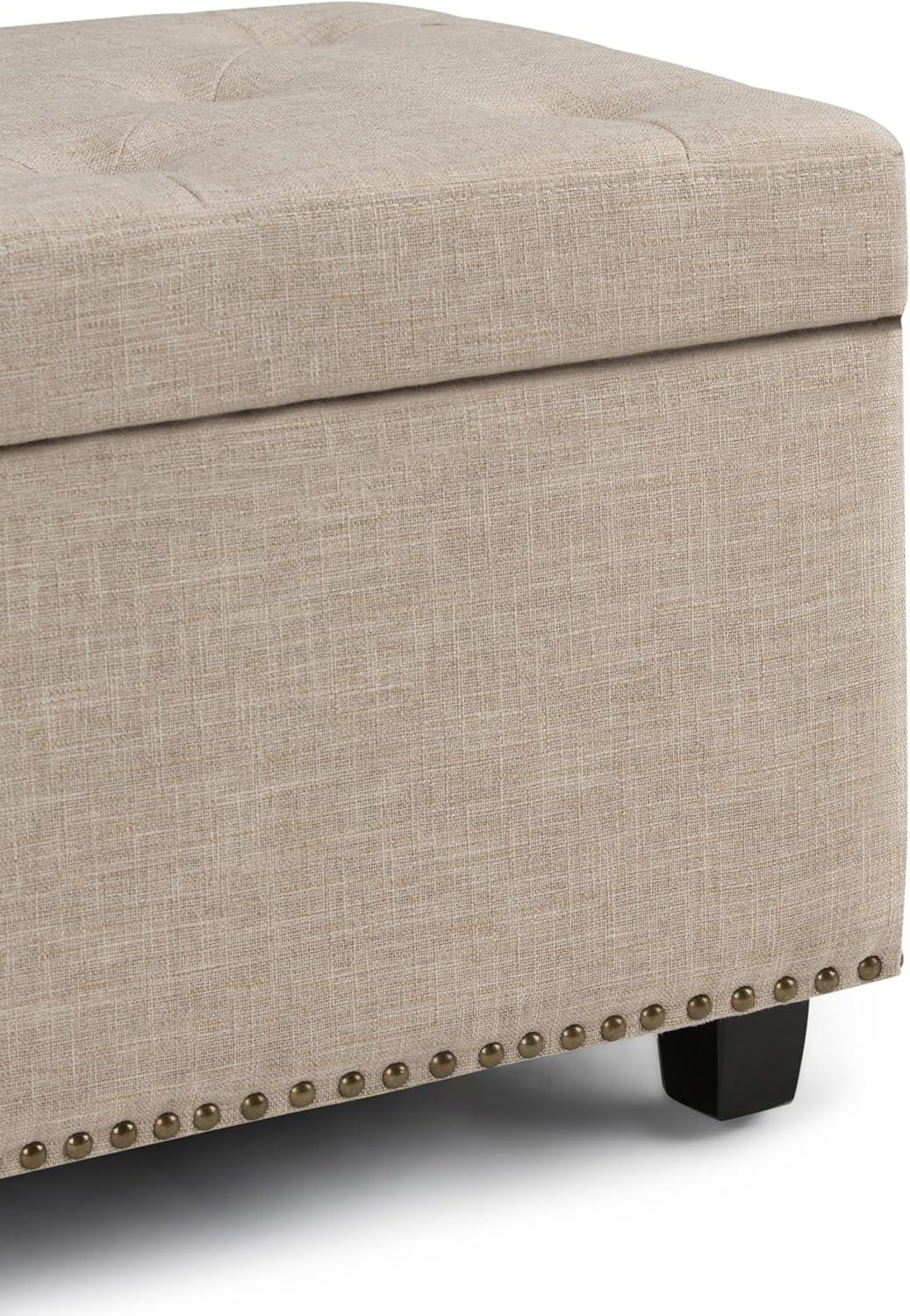 Natural Tufted Linen Rectangular Storage Ottoman Bench