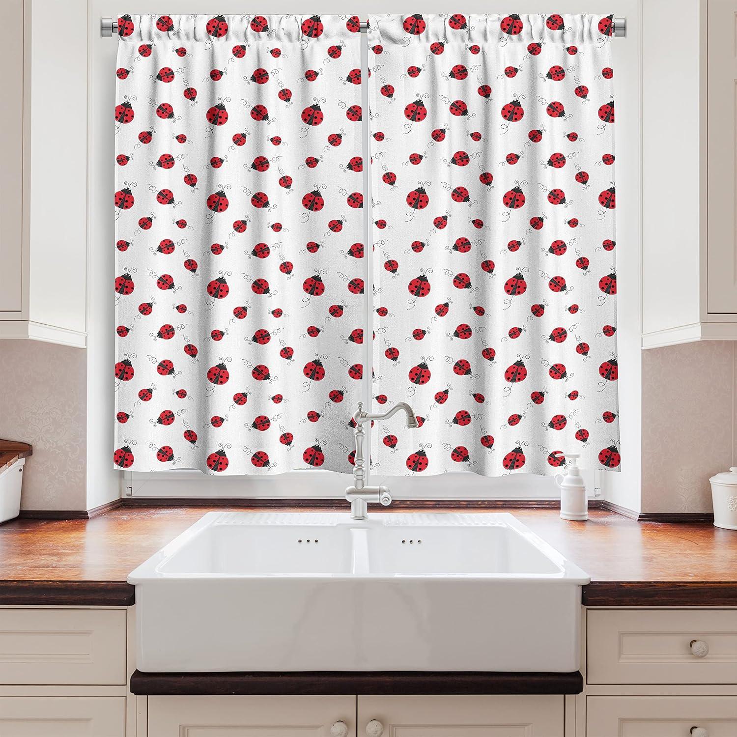 Ambesonne Ladybugs Kitchen Curtains, Dotted Winged Animals, 55"x39", White Black