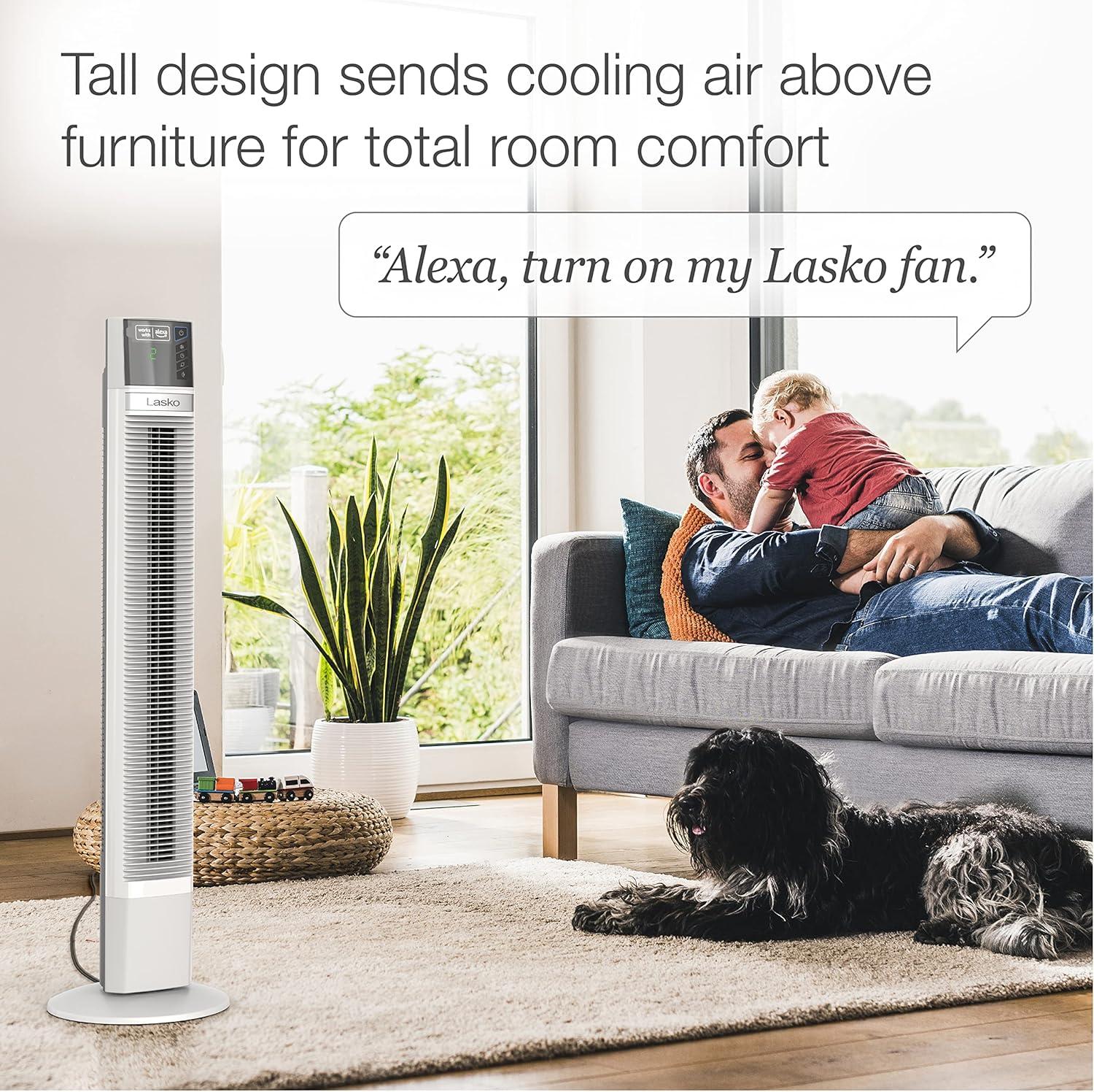 48-Inch White Oscillating Tower Fan with Alexa and Four Speeds