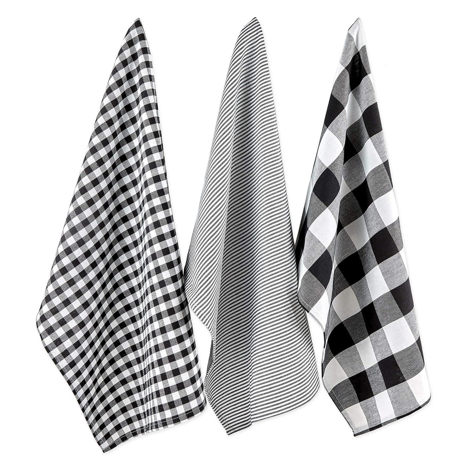Design Imports  Dishtowel Set Gingham/Buffalo Check 3 Piece, 20X30", Black