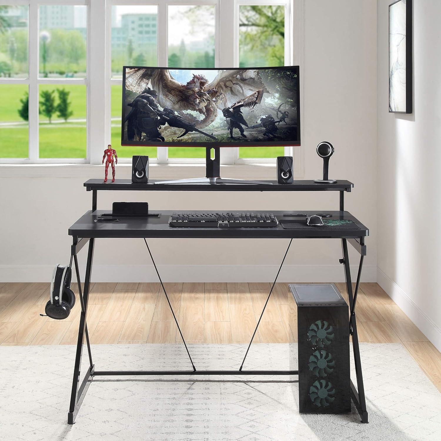 OSP Home Furnishings Emulator Battlestation Gaming Desk with RGB LED Lights