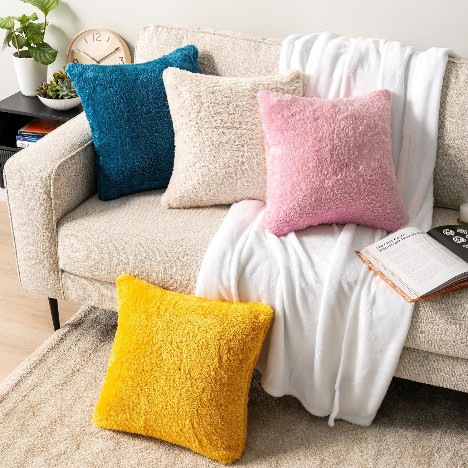 PAVILIA Set of 2 Fluffy Throw Pillow Covers, Decorative Faux Shearling Fur Square Cushion Accent for Bed Sofa Couch, Yellow/20 x 20
