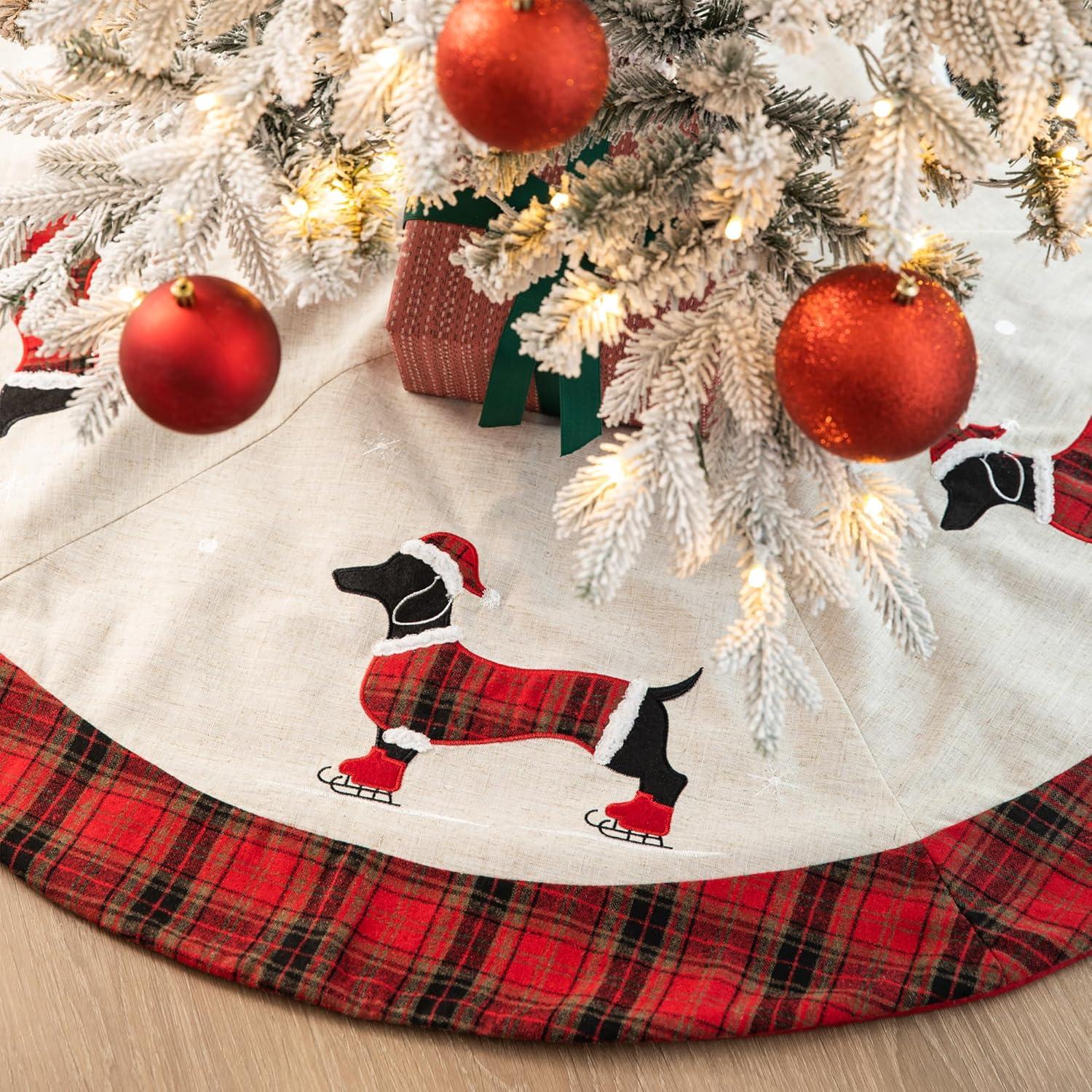 48" Embroidered Dachshund Christmas Tree Skirt with Plaid Edge