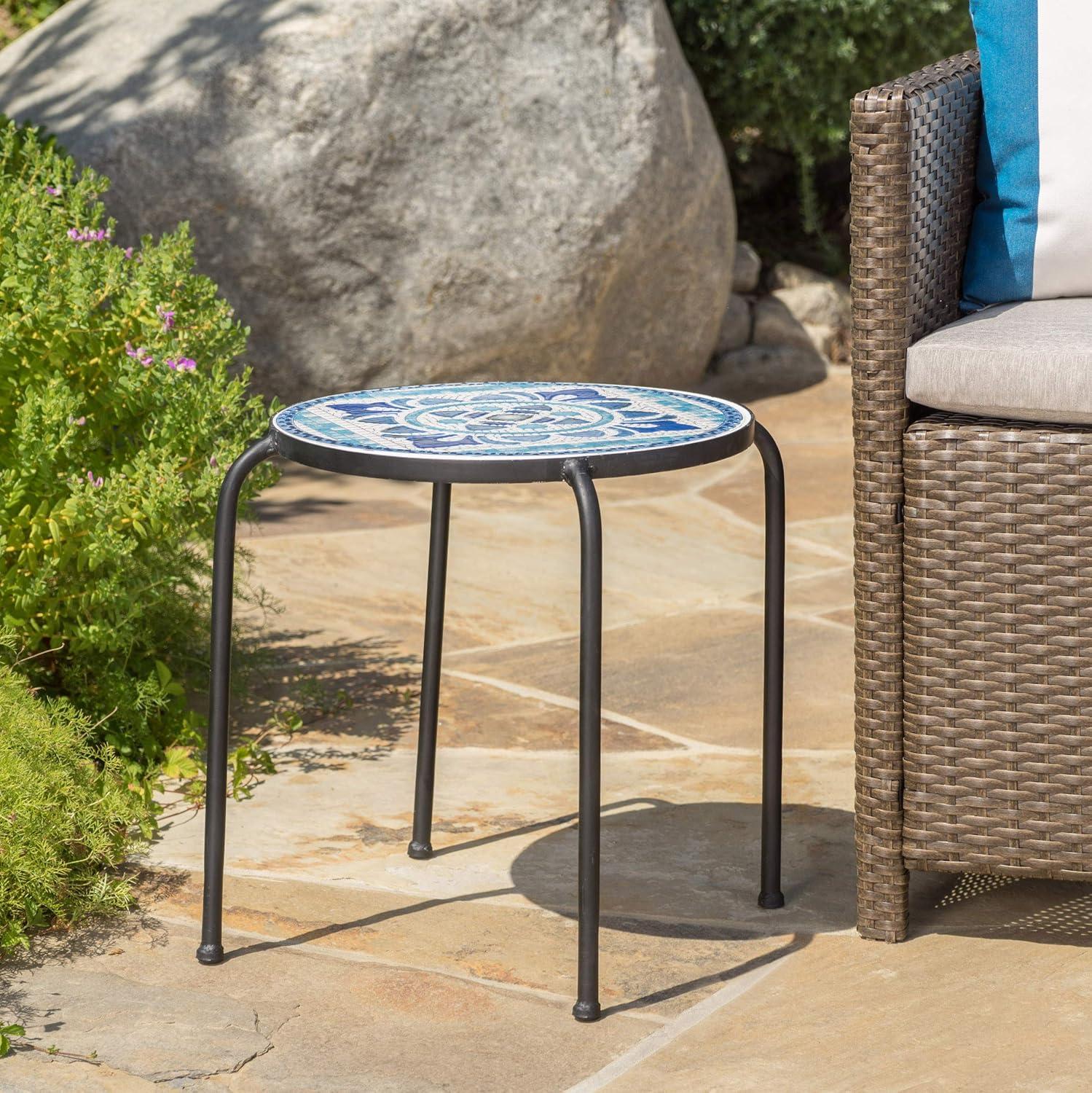 Sindarin Outdoor Ceramic Tile Round Side Table, Blue and White