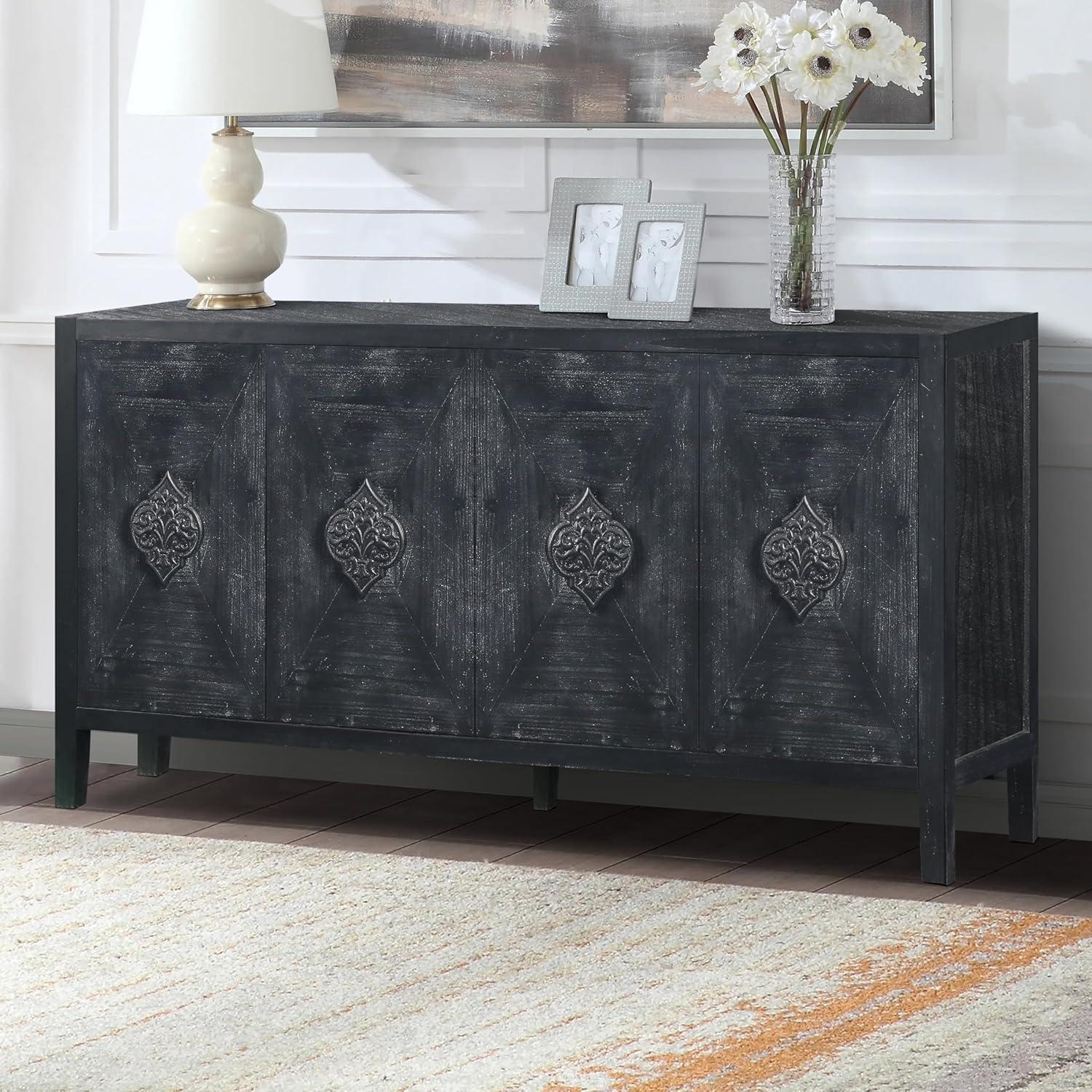 Sideboard Buffet Cabinet, Wooden Storage Cabinet with Carved Flower Door Handle, Retro Style Kitchen Sideboard Console Table for Living Room, Dining Room, Hallway, Entryway, Antique Black