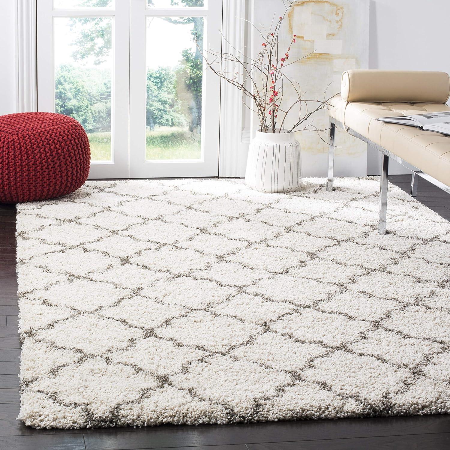 Ivory and Grey Square Trellis Shag Rug, Hand-Knotted, Easy Care