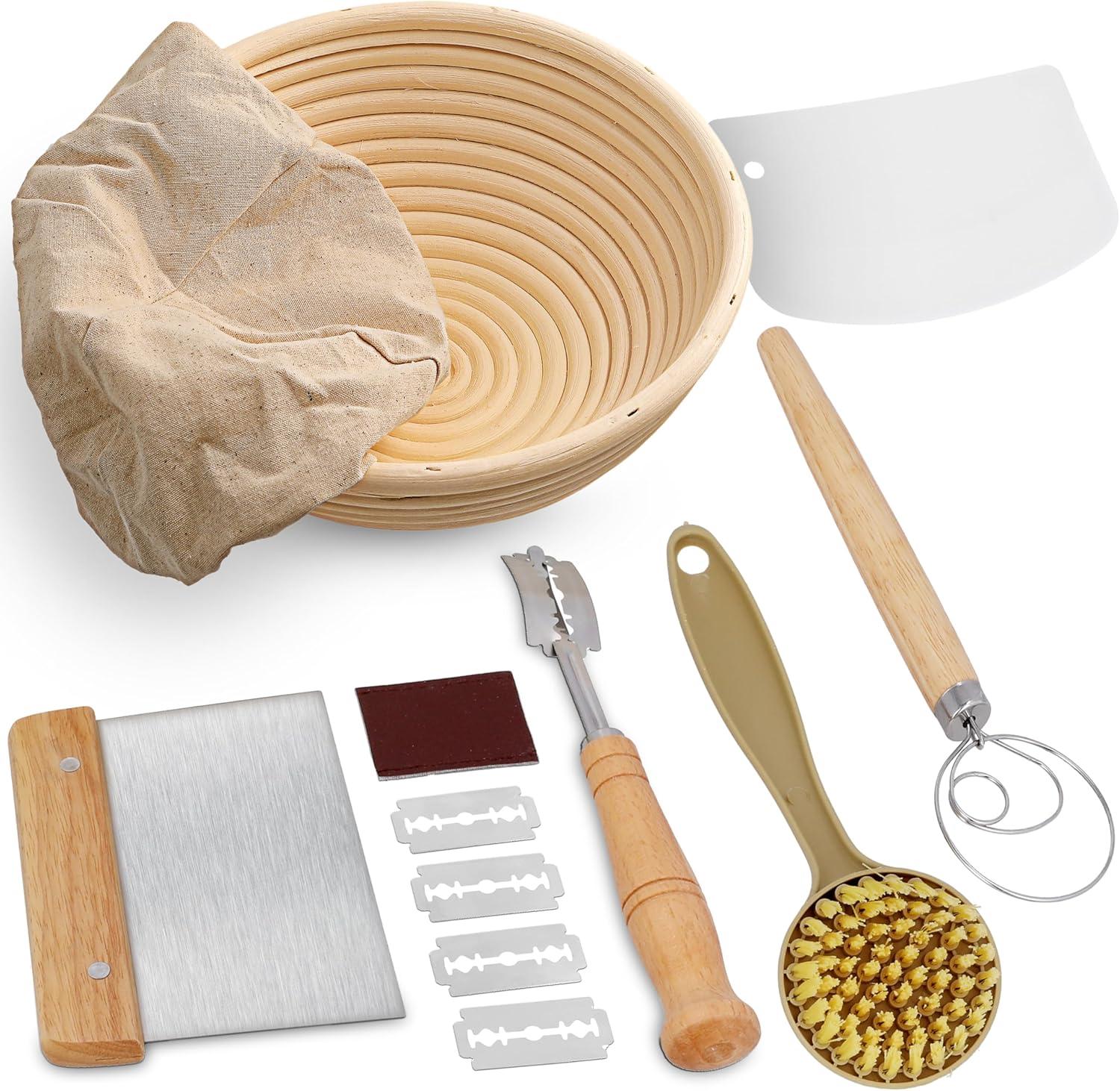 Plastic Sourdough Bread Baking Supplies, 9 Inch Round Sourdough Starter Kit Banneton Bread Proofing Basket with Bread Lame Dough Scraper Sourdough Tools Kit Baking Gifts