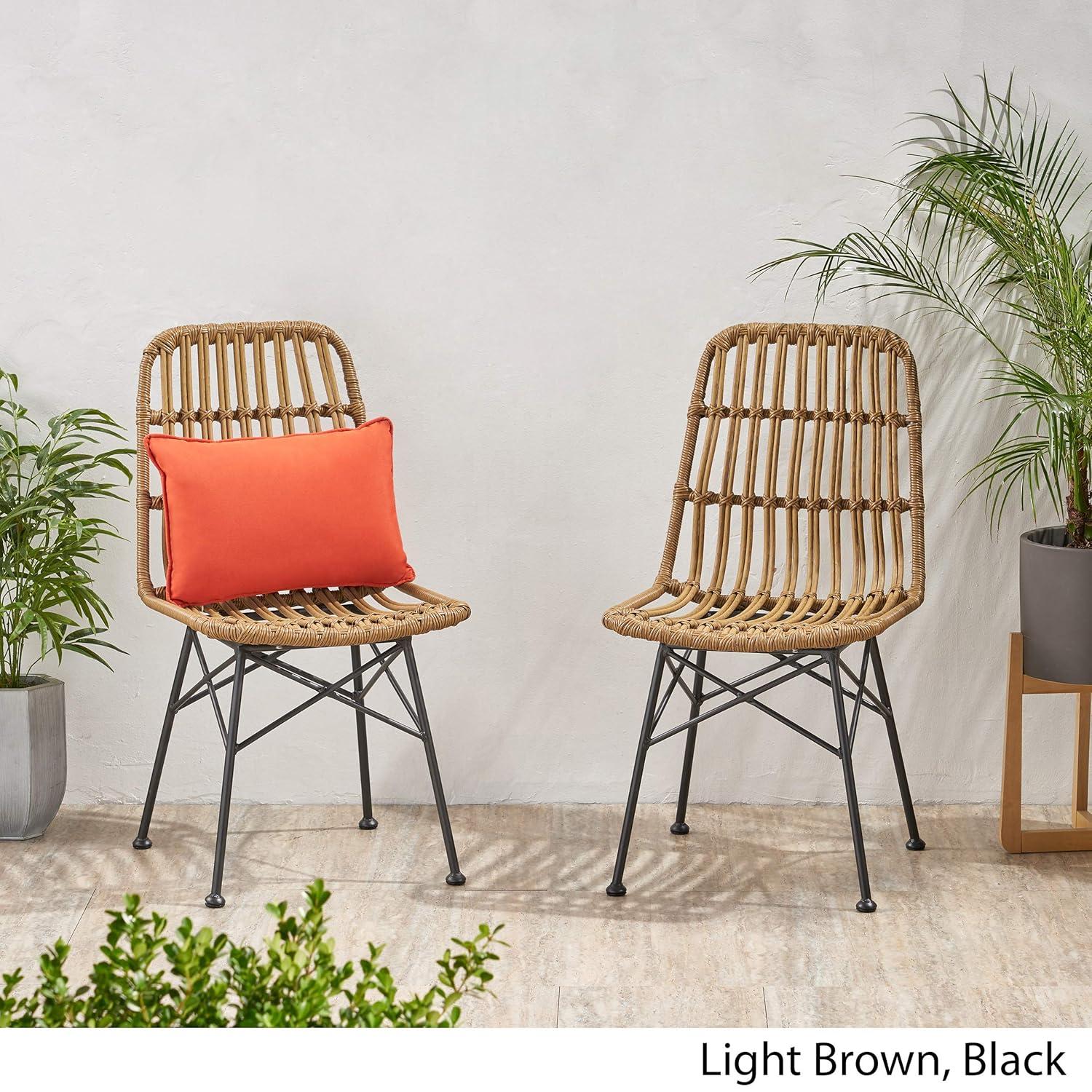 GDFStudio Outdoor Wicker Dining Chair (Set of 2), Light Brown and Black