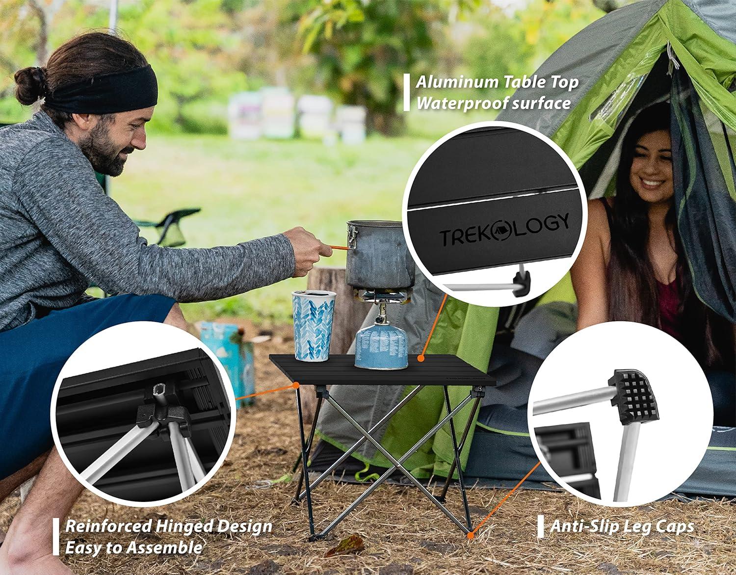 Trekology Foldable Aluminum Camping Table with Enforced Robust Hinged Connection.