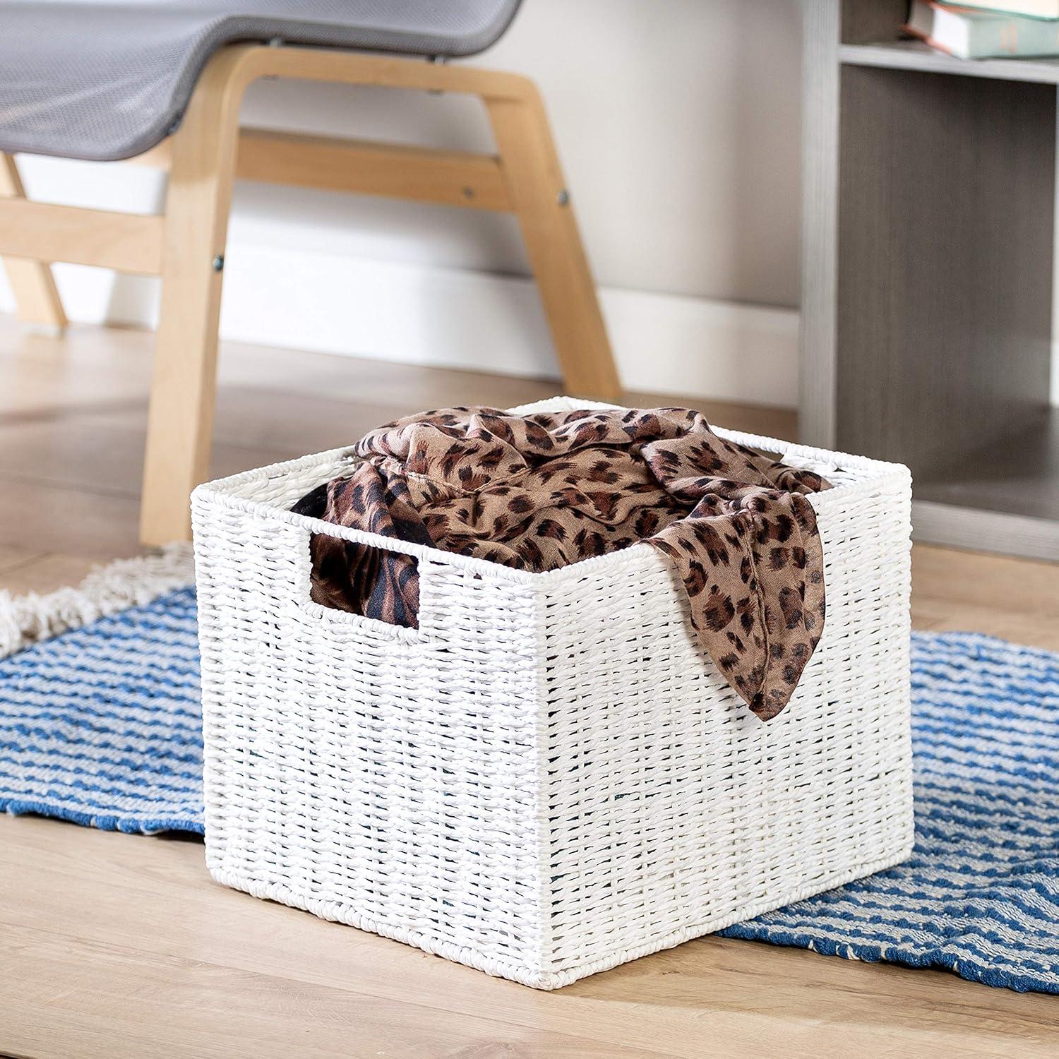 White Paper Rope Cube Storage Box with Handles