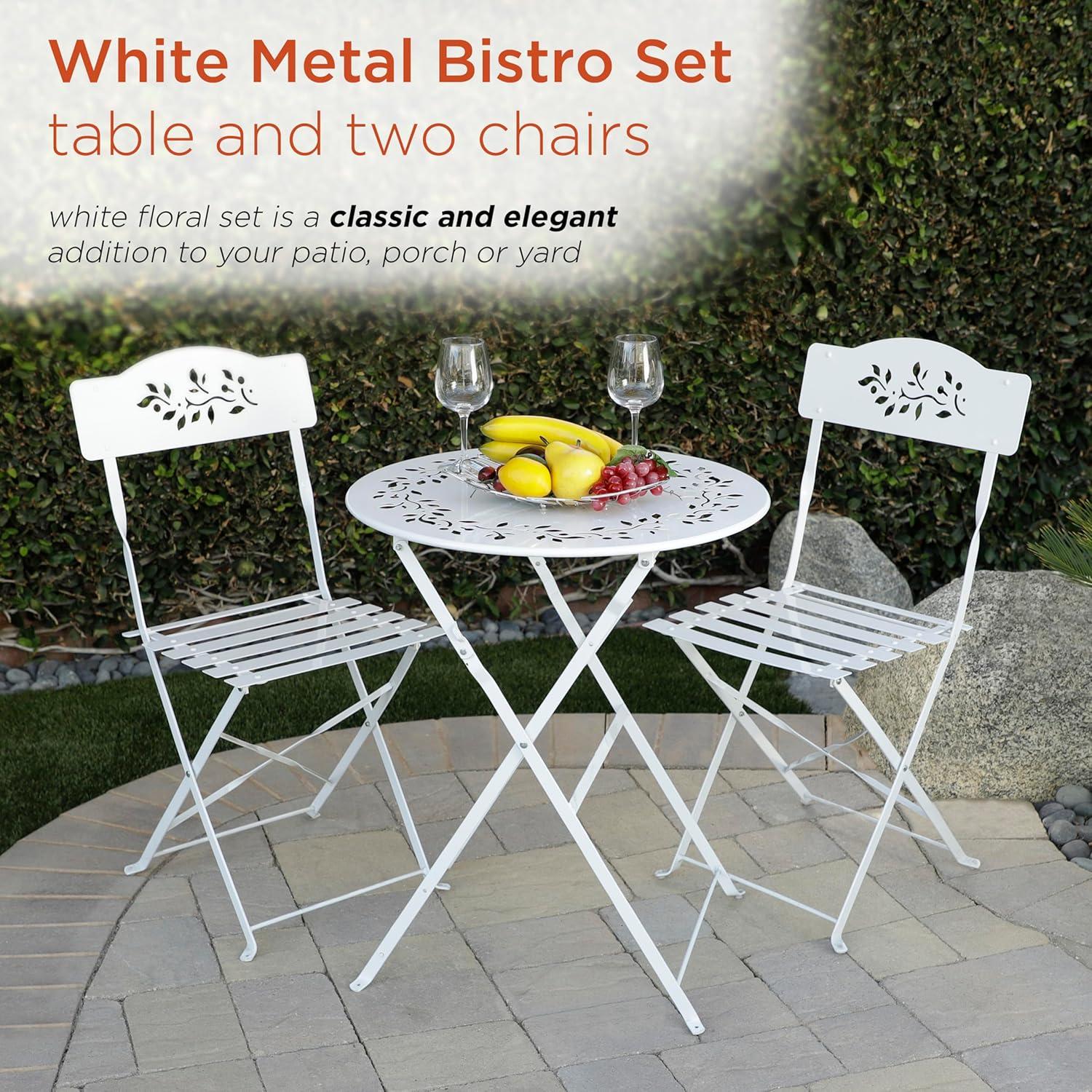 Alpine Corporation 3-Piece Metal Floral Patio Bistro Set with Table and 2 Chairs, White